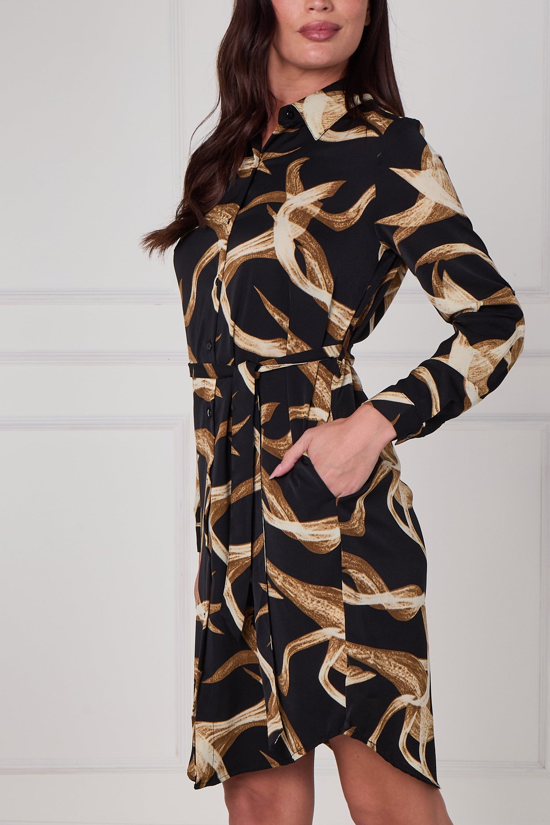 8Pcs Black and Gold Abstract Swirl Print Mini Shirt Dress