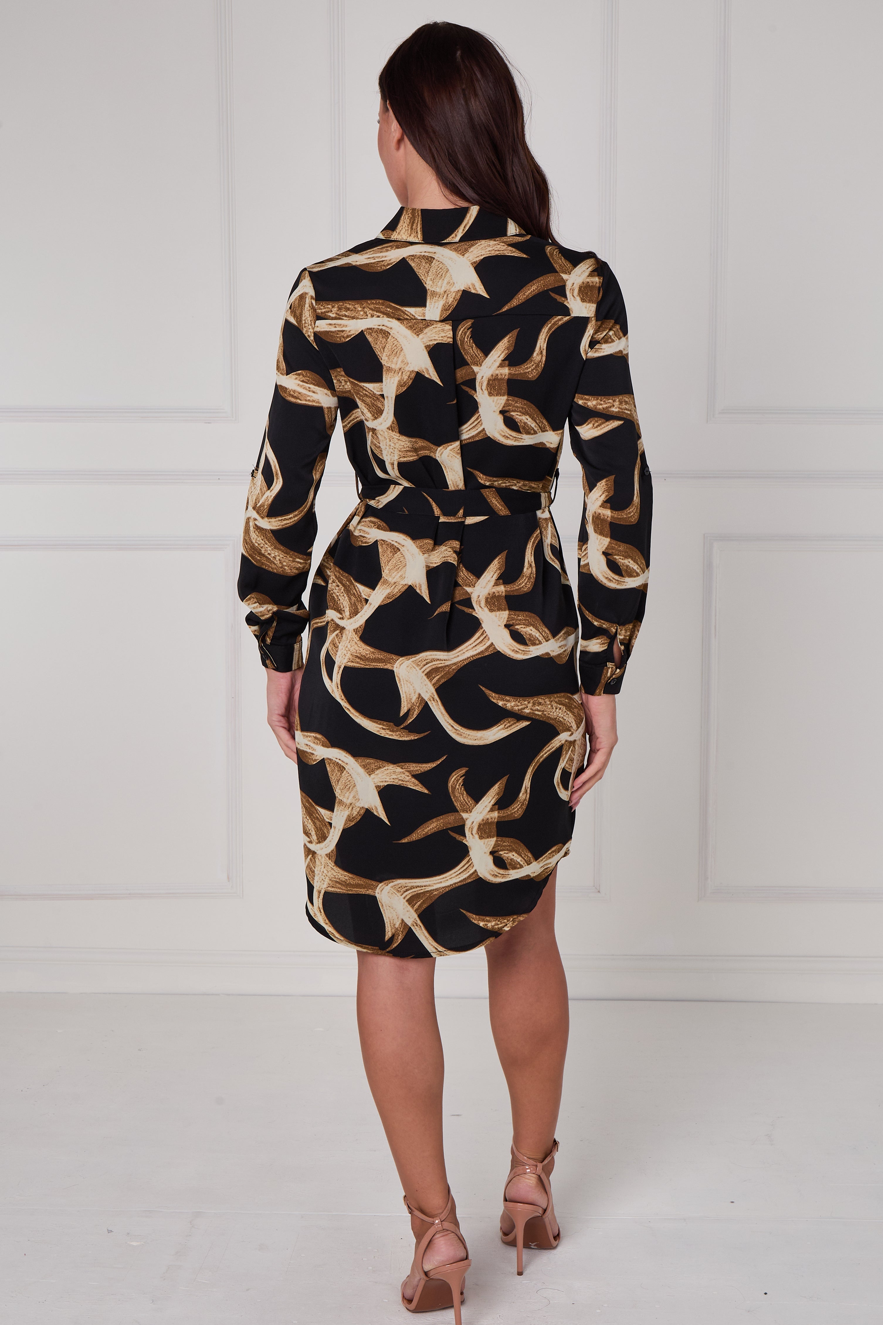 8Pcs Black and Gold Abstract Swirl Print Mini Shirt Dress