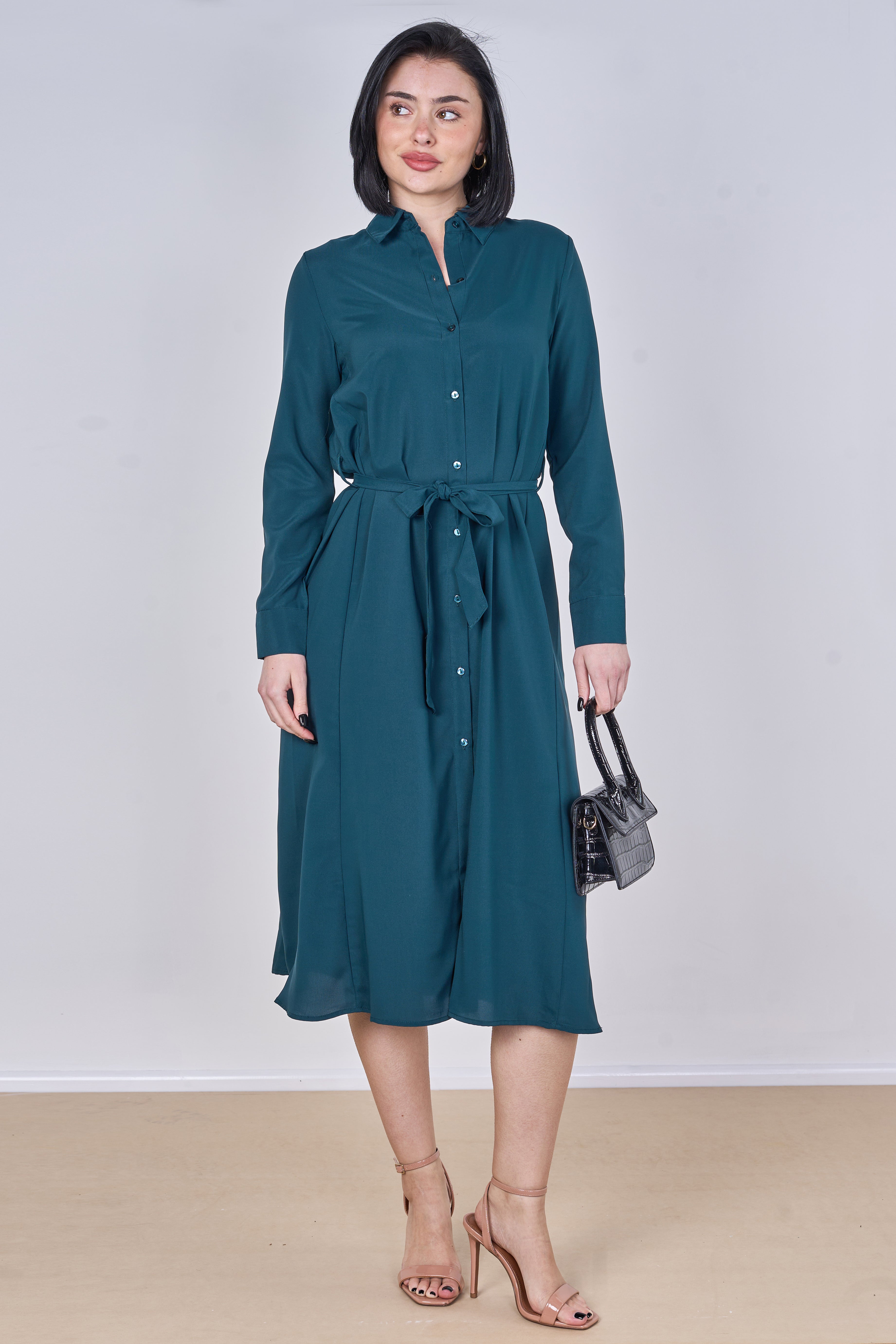 8Pcs Teal Plain Belted Midi Shirt Dress