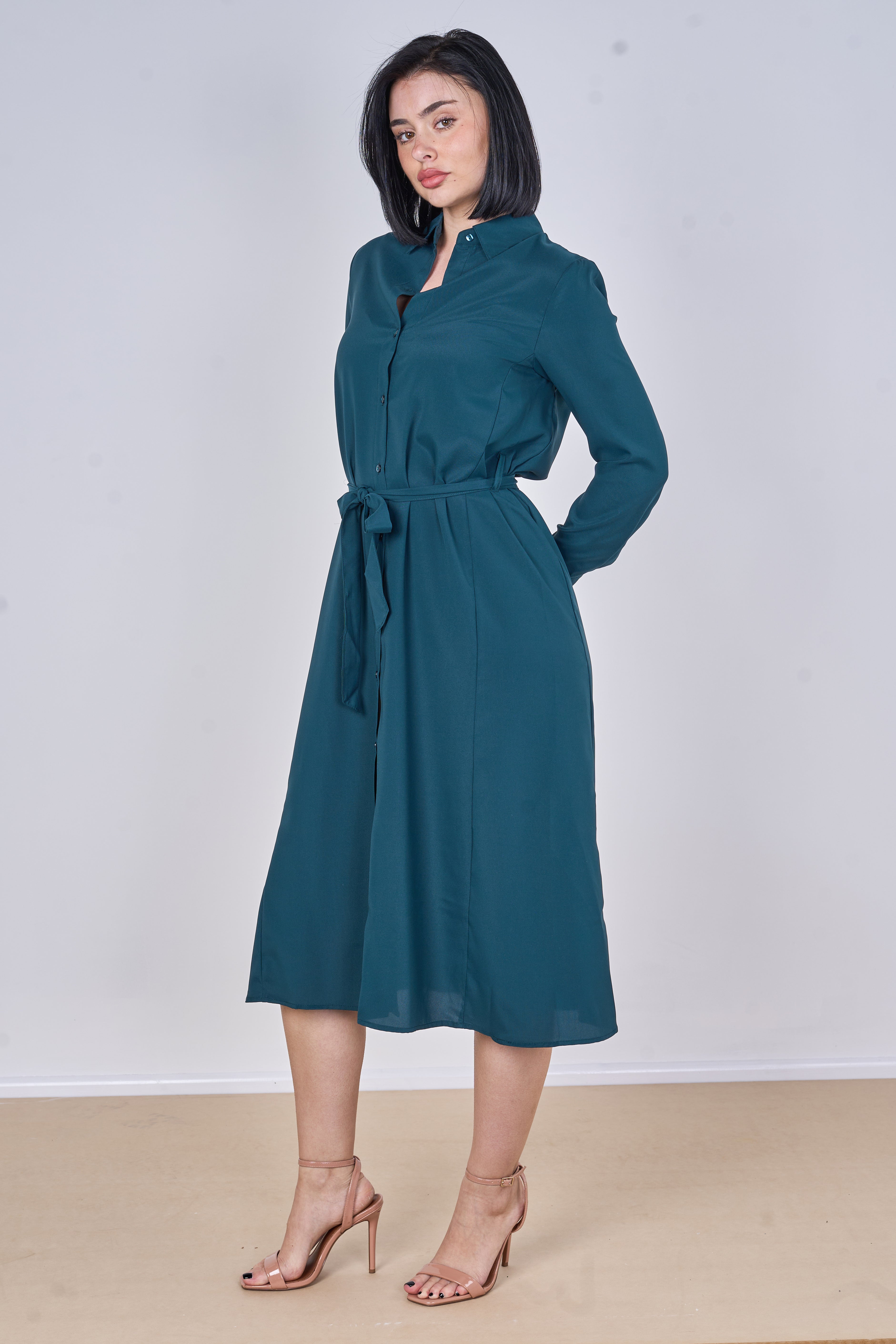 8Pcs Teal Plain Belted Midi Shirt Dress