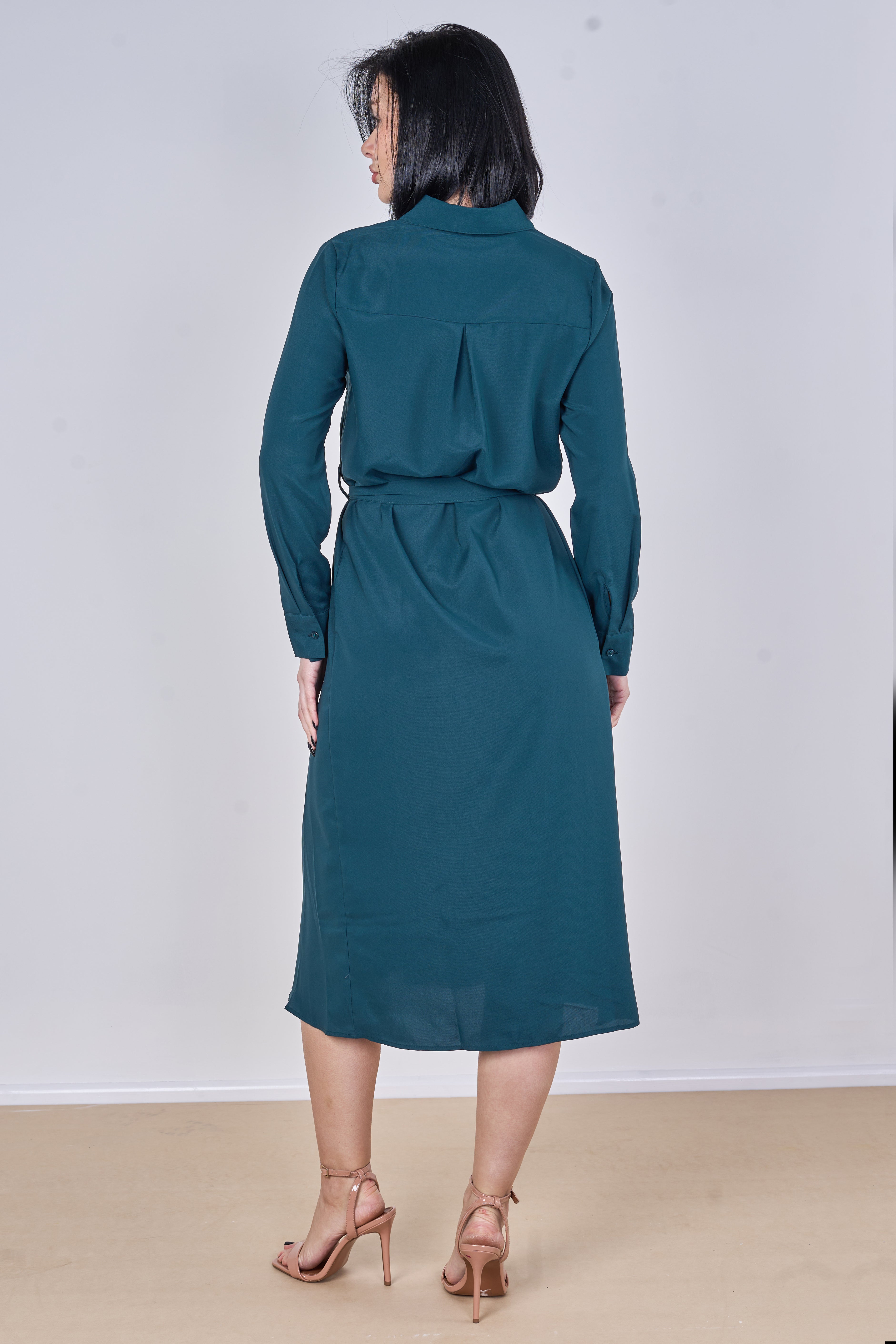 8Pcs Teal Plain Belted Midi Shirt Dress
