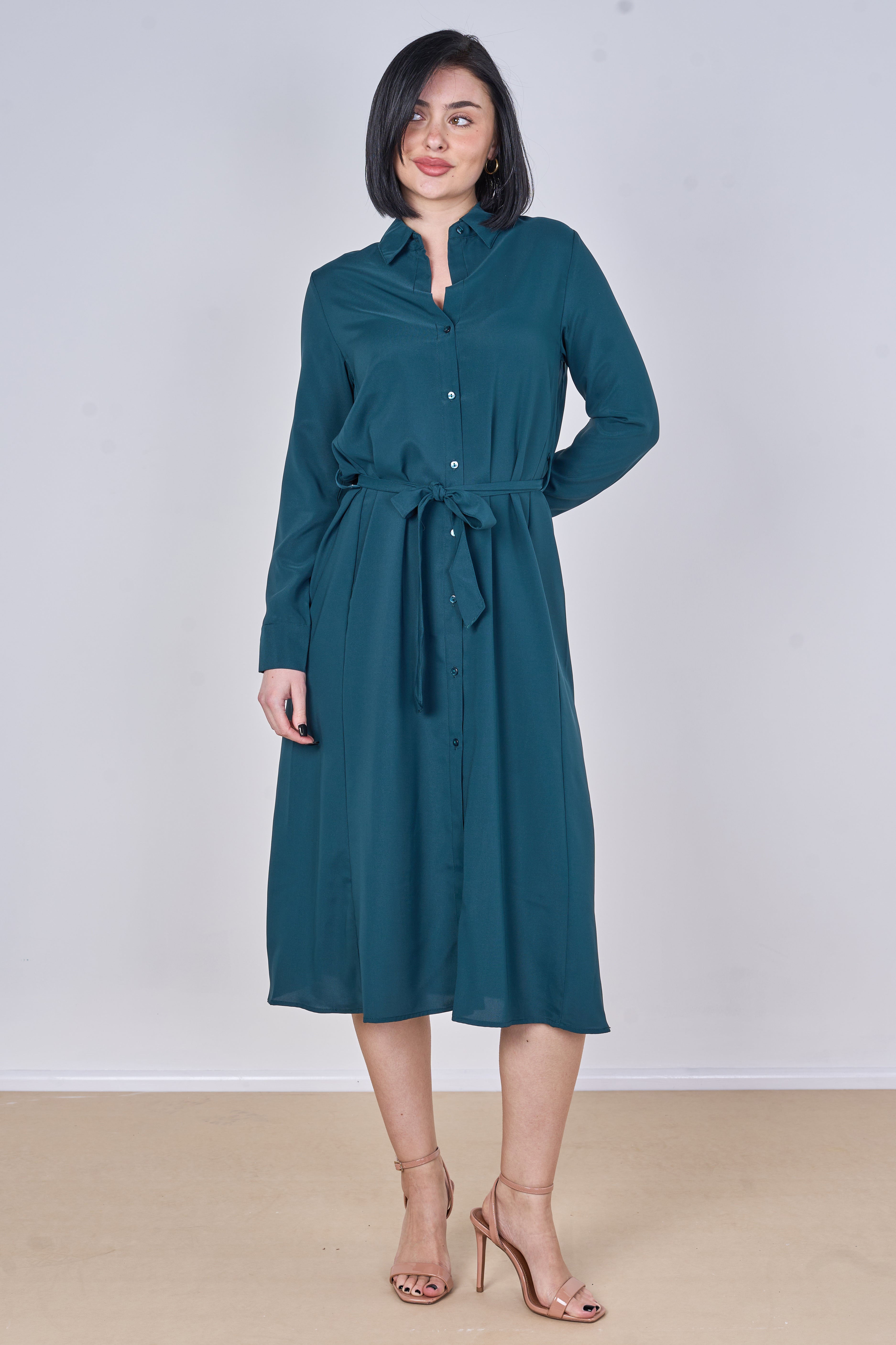 8Pcs Teal Plain Belted Midi Shirt Dress