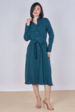 8Pcs Teal Plain Belted Midi Shirt Dress