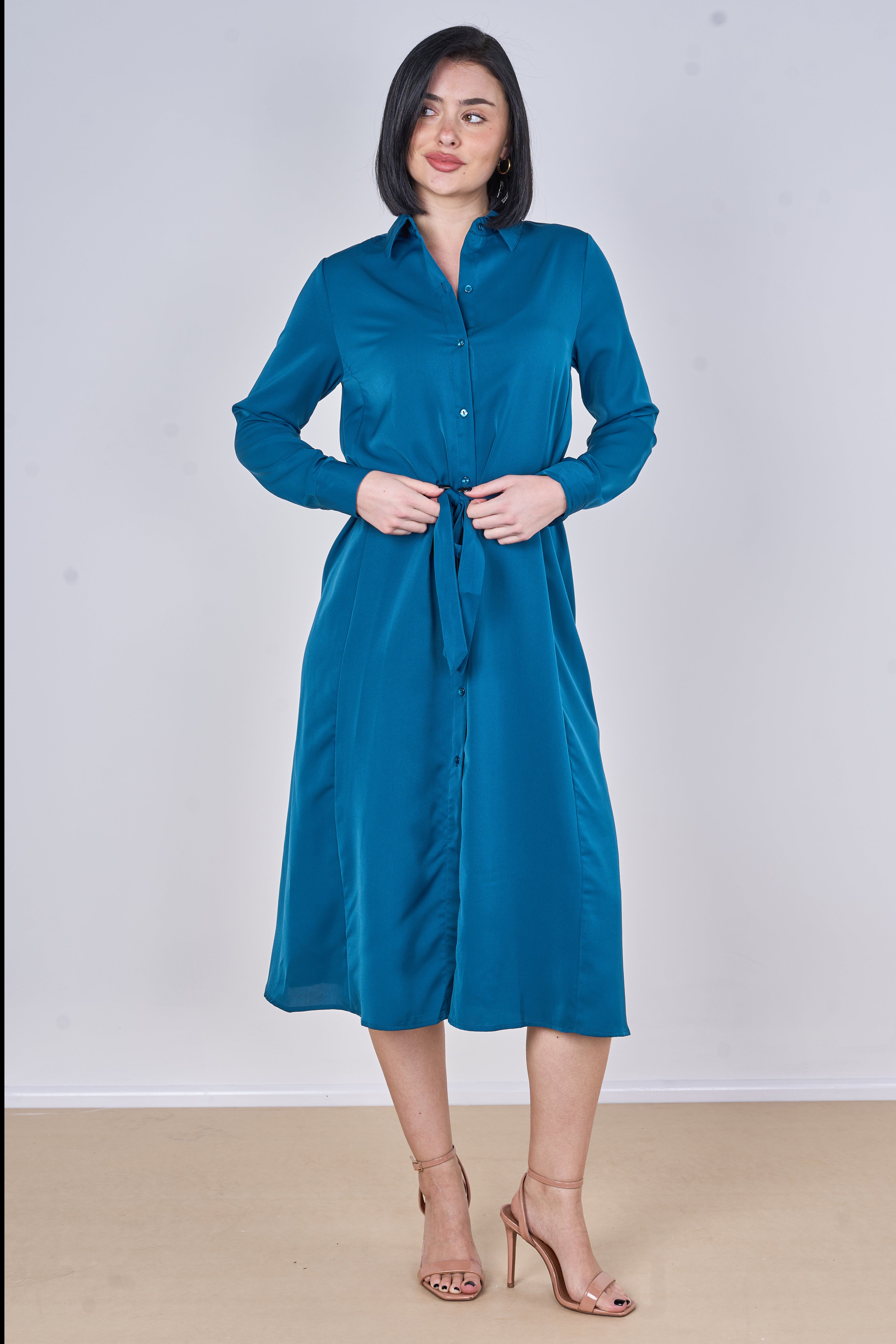8Pcs Peacock Blue Plain Belted Midi Shirt Dress