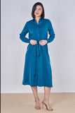 8Pcs Peacock Blue Plain Belted Midi Shirt Dress