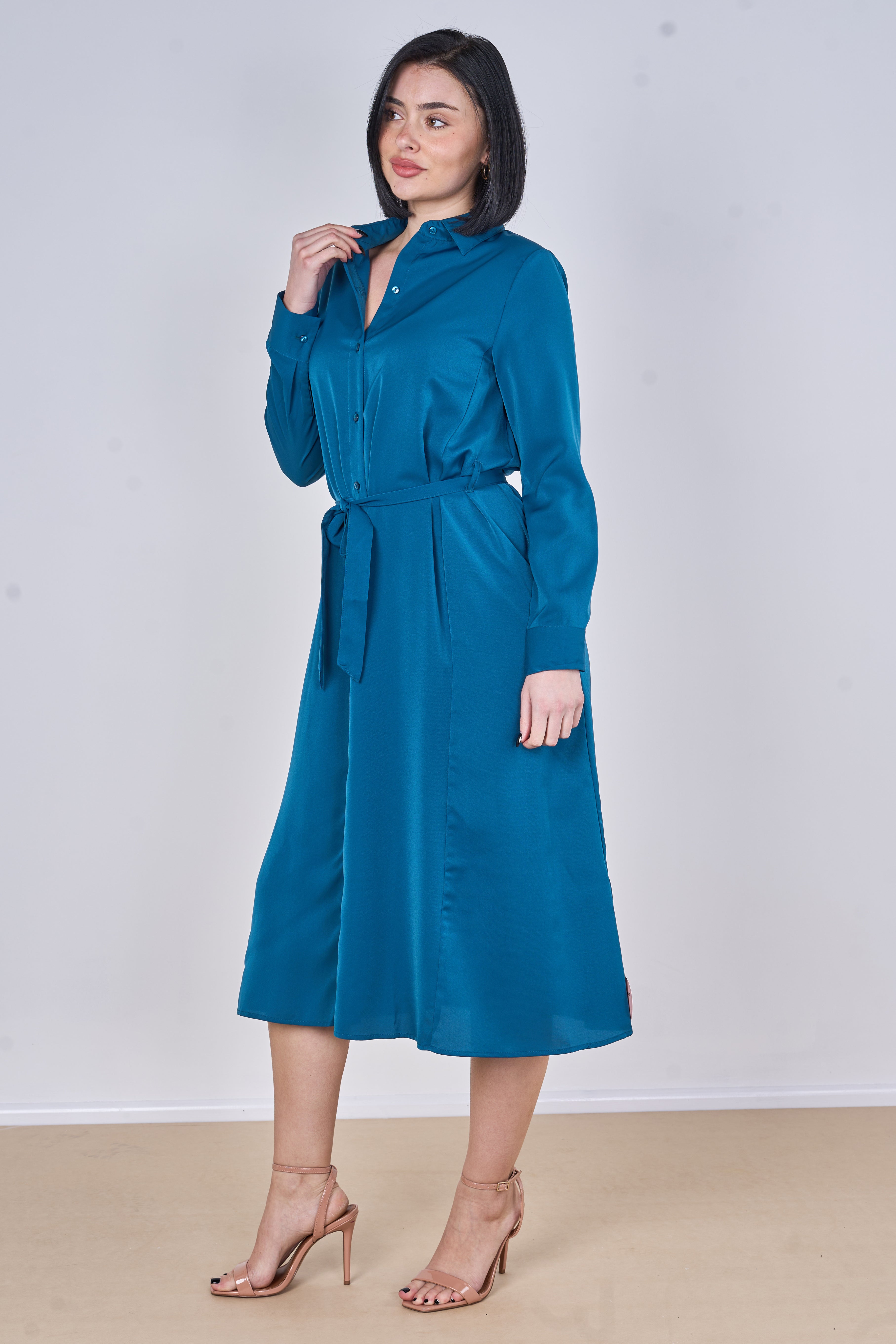 8Pcs Peacock Blue Plain Belted Midi Shirt Dress