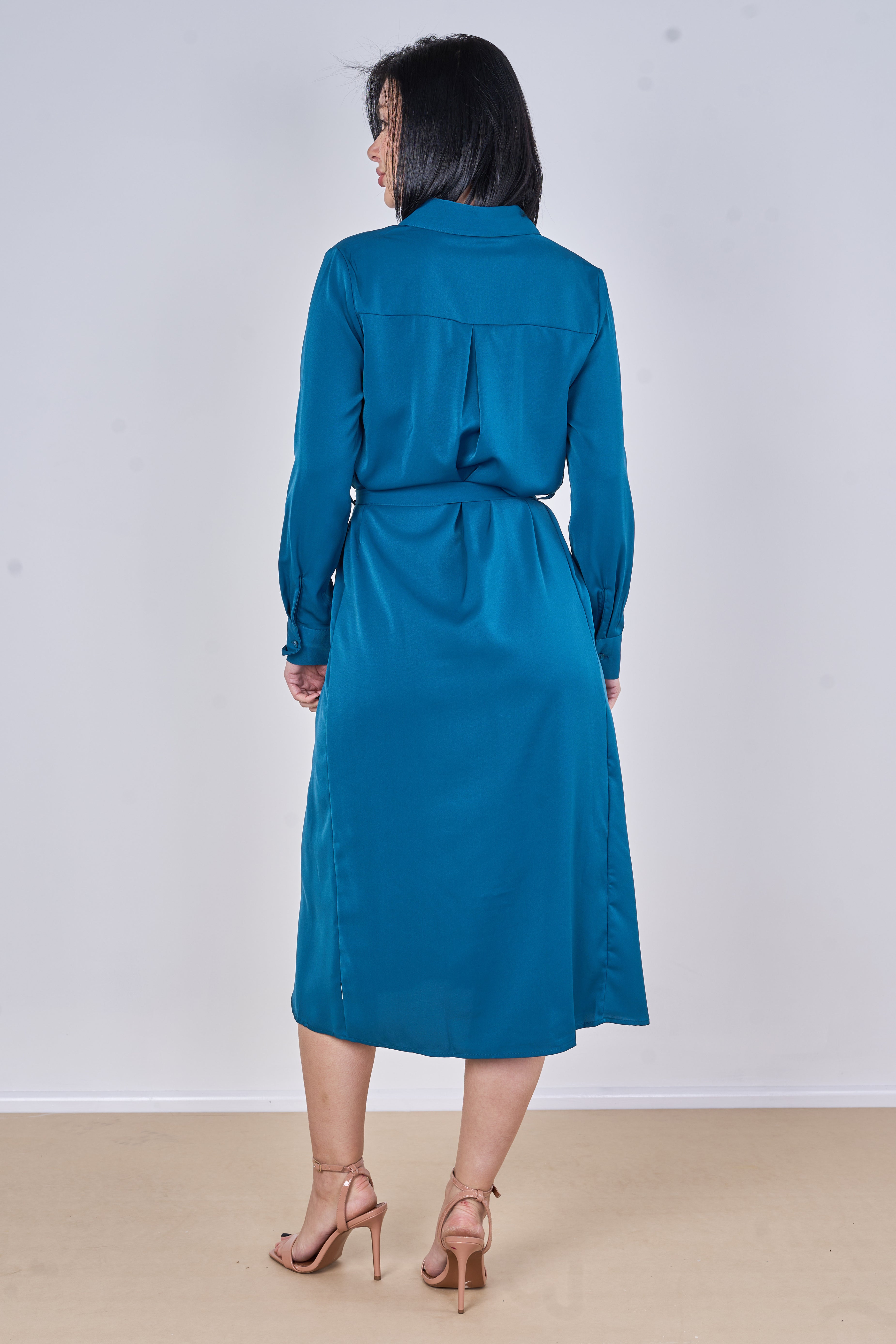 8Pcs Peacock Blue Plain Belted Midi Shirt Dress