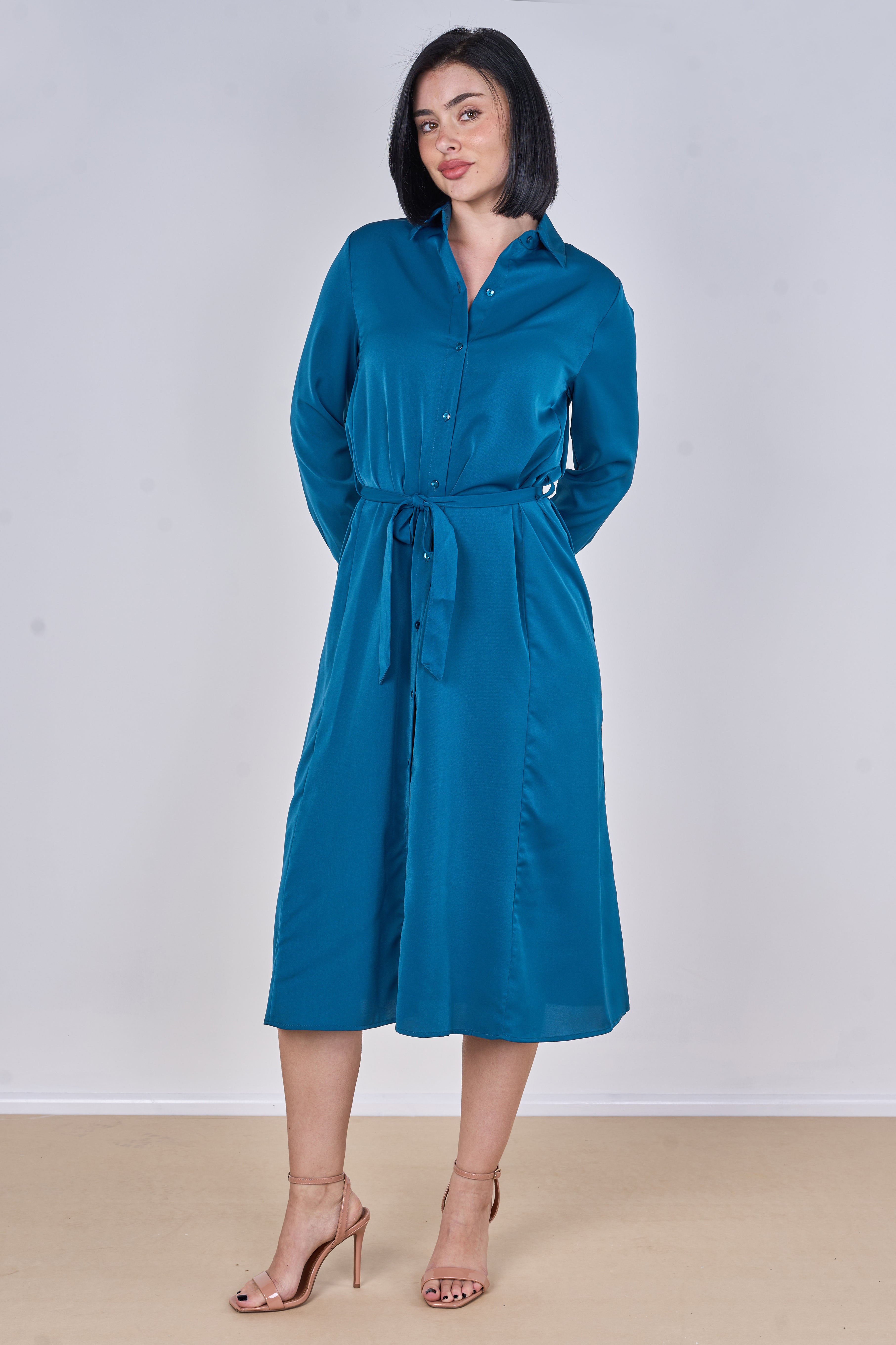 8Pcs Peacock Blue Plain Belted Midi Shirt Dress