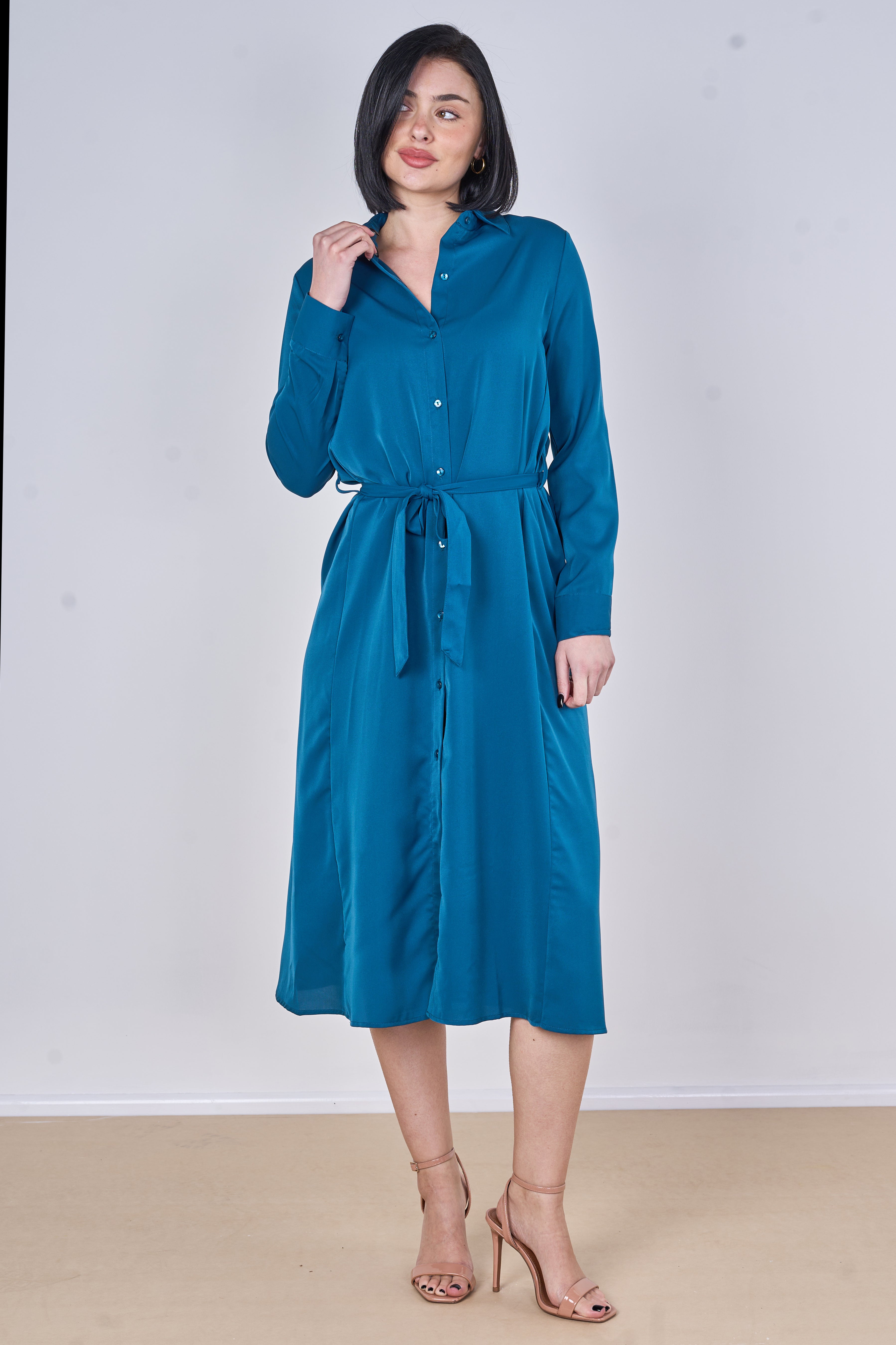 8Pcs Peacock Blue Plain Belted Midi Shirt Dress