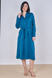 8Pcs Peacock Blue Plain Belted Midi Shirt Dress