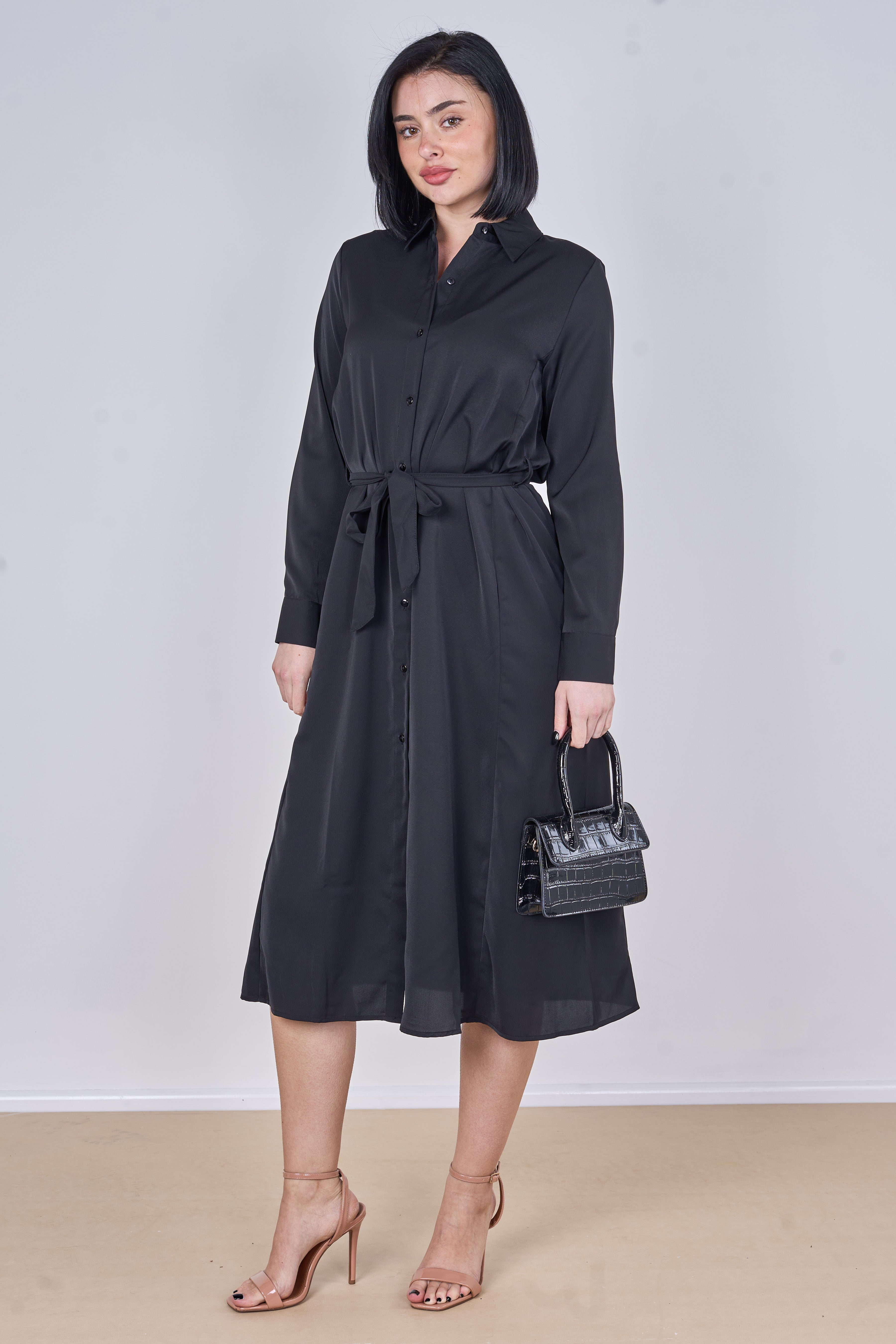 8Pcs Black Plain Belted Midi Shirt Dress