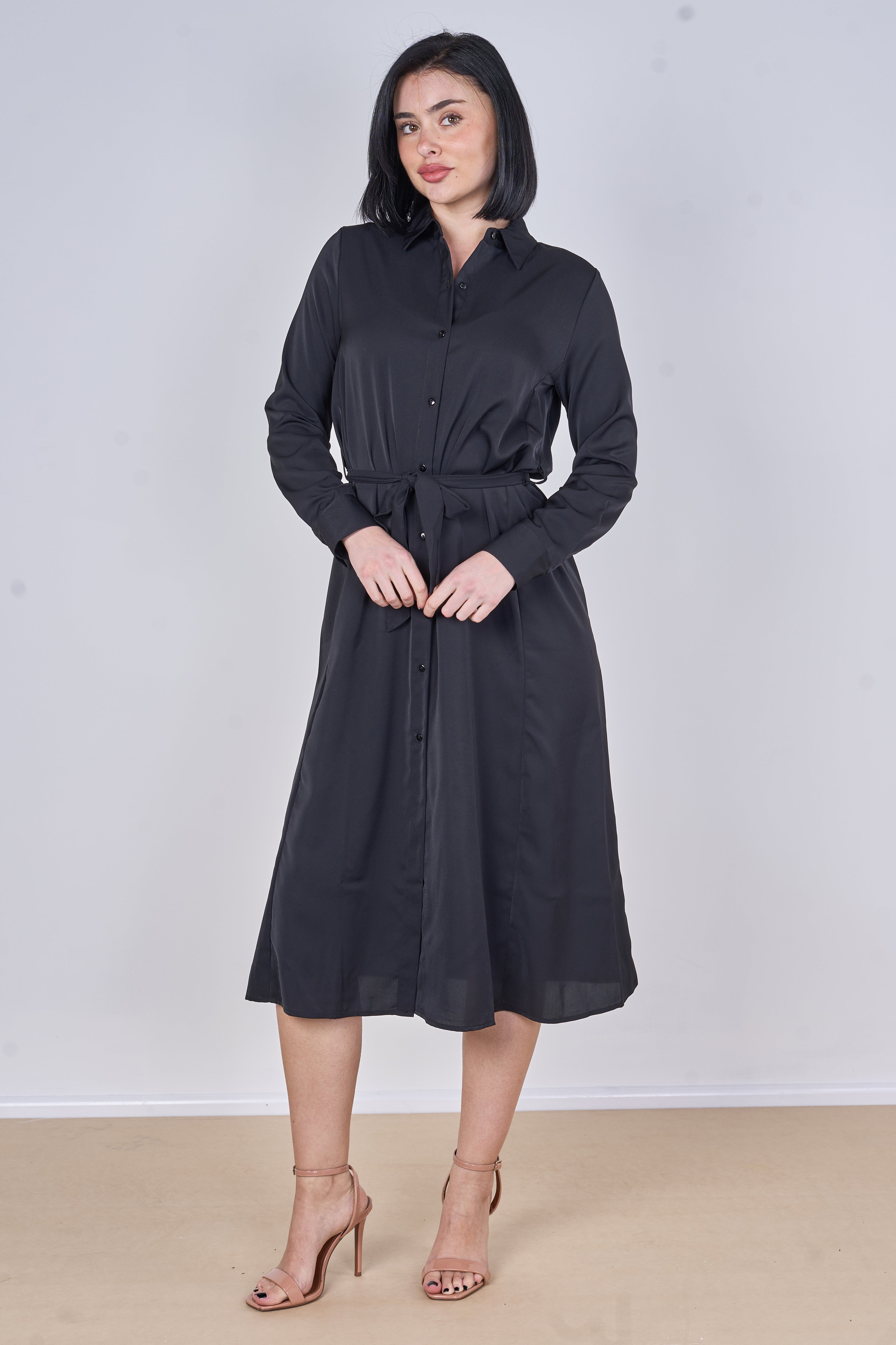 8Pcs Black Plain Belted Midi Shirt Dress