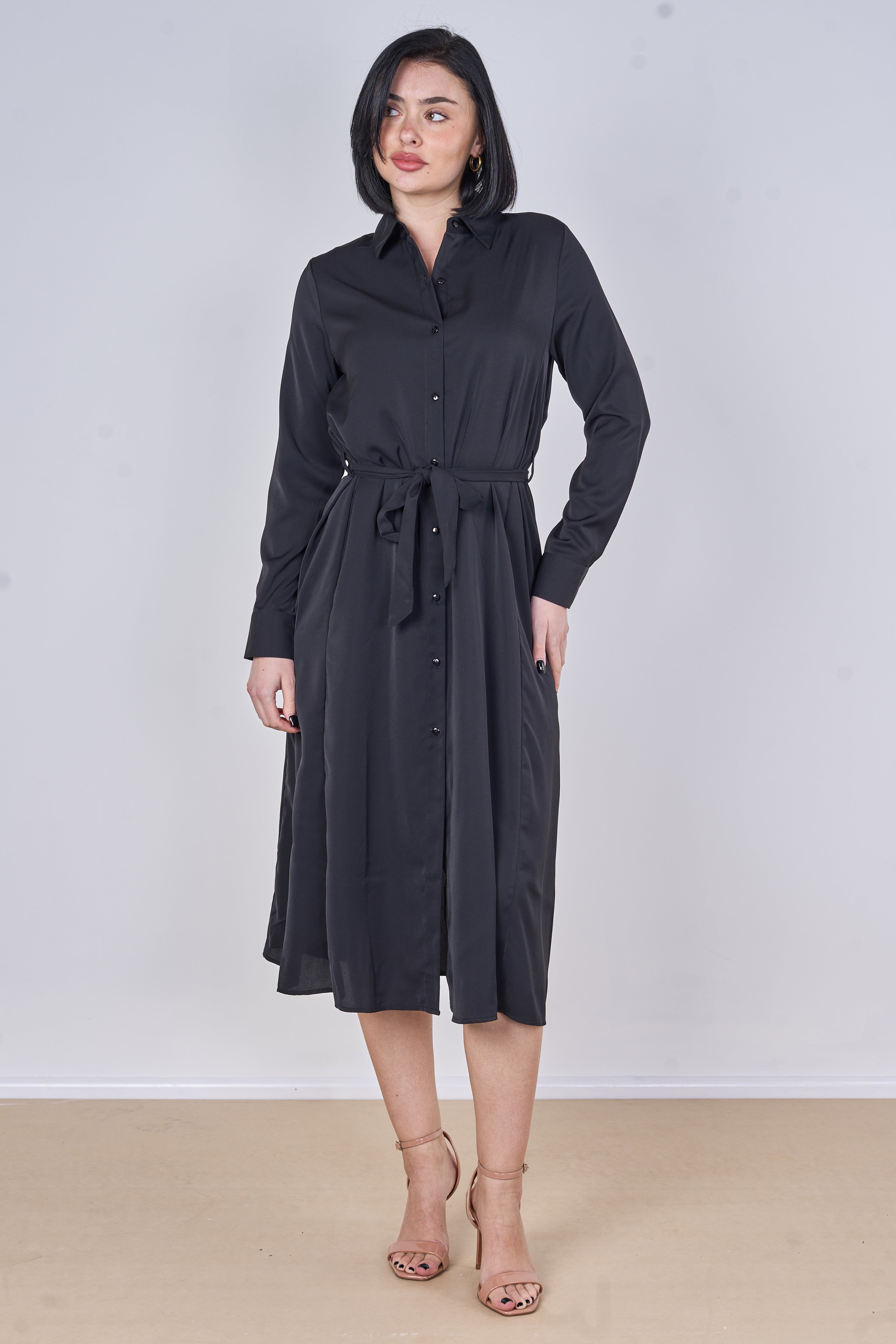 8Pcs Black Plain Belted Midi Shirt Dress