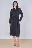 8Pcs Black Plain Belted Midi Shirt Dress