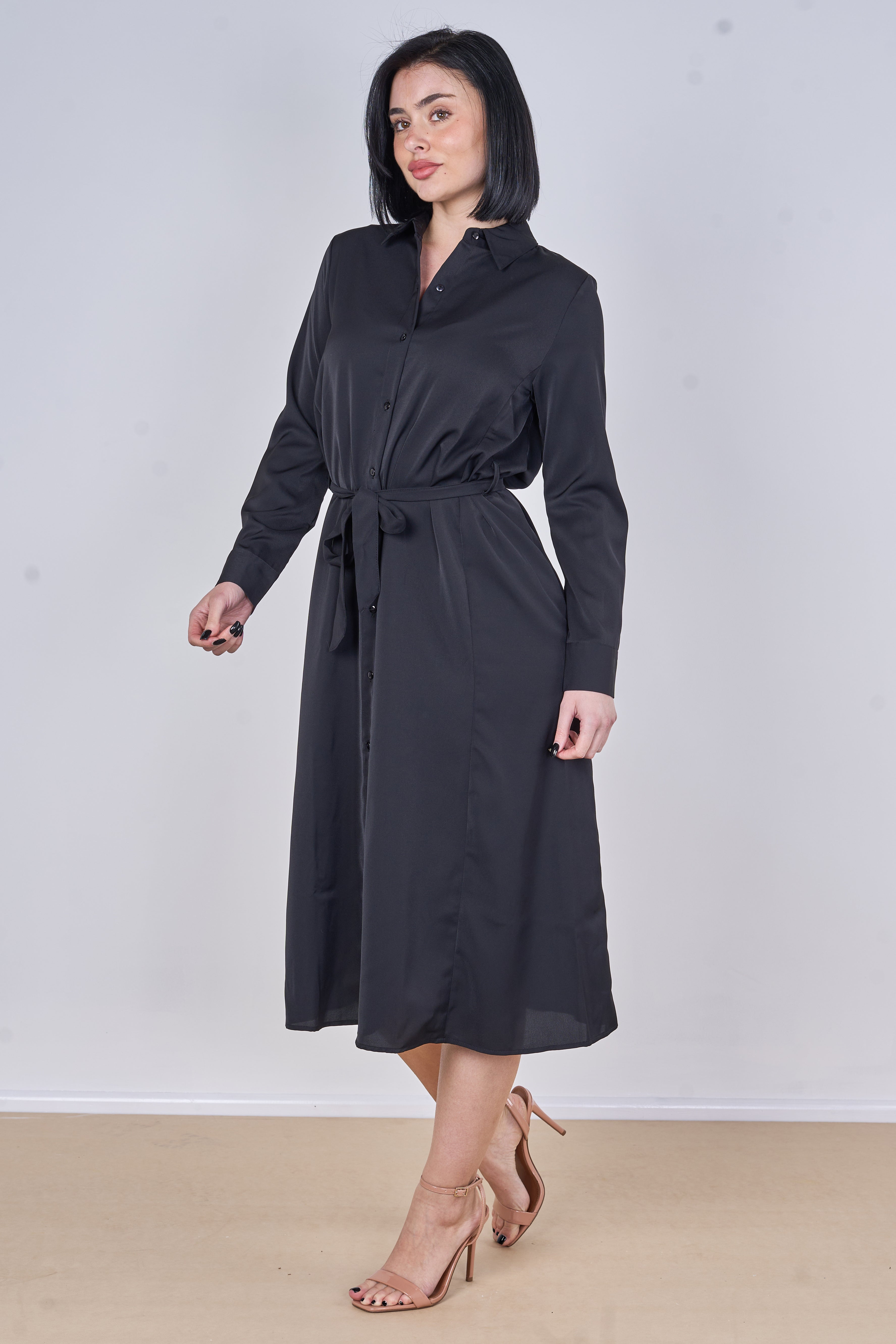 8Pcs Black Plain Belted Midi Shirt Dress