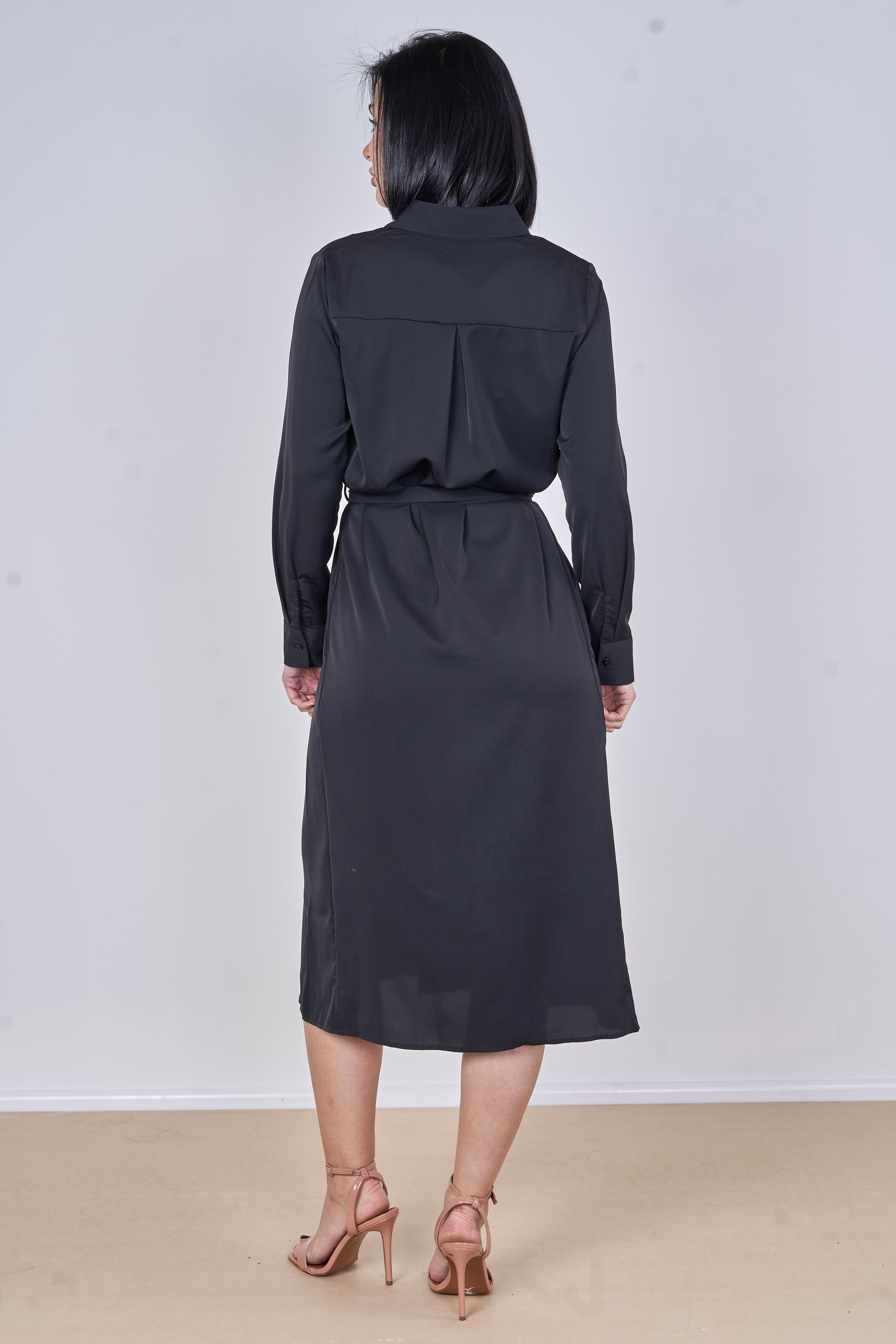 8Pcs Black Plain Belted Midi Shirt Dress
