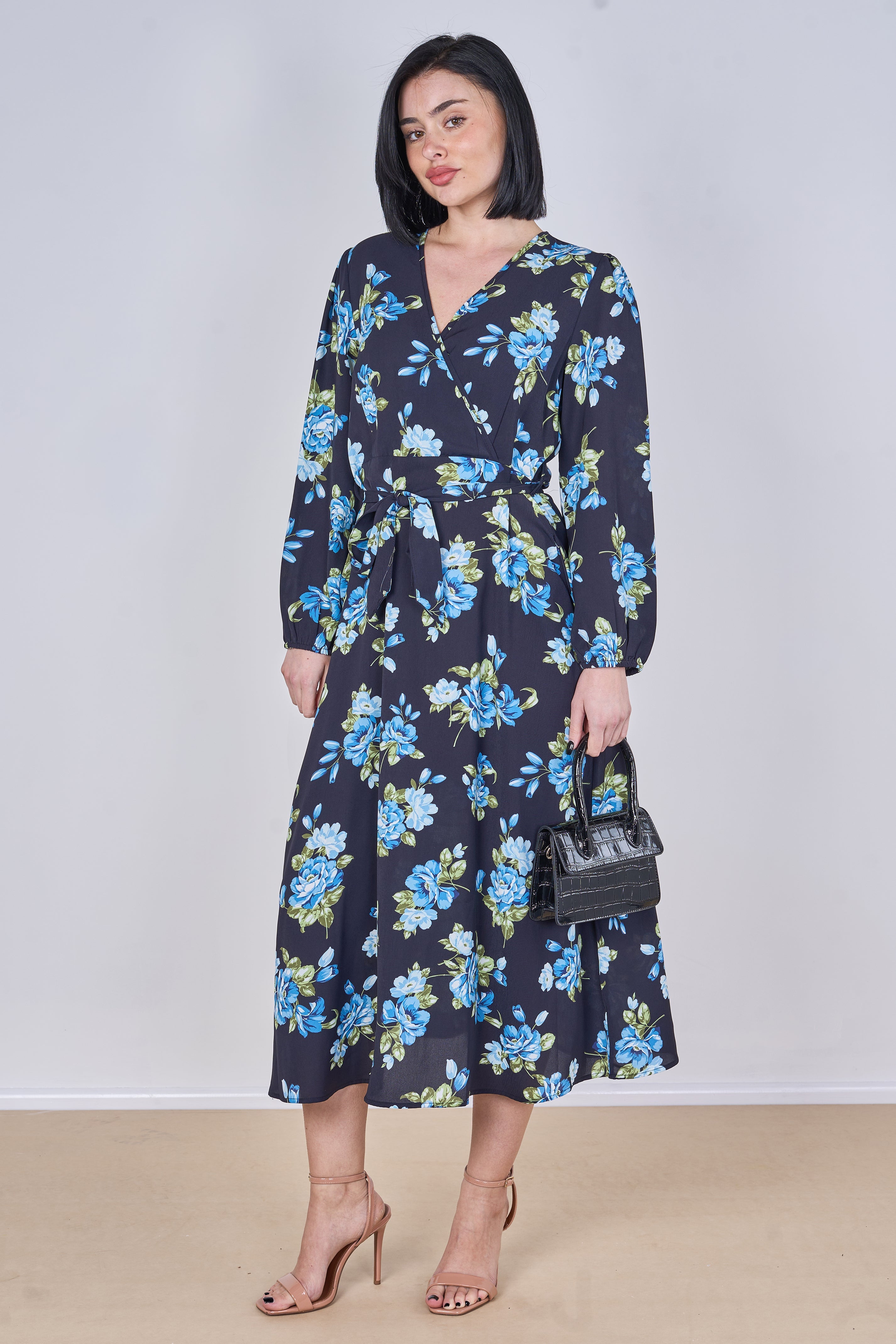 8Pcs Blue Rose Floral Print Belted Crossover Midi Dress