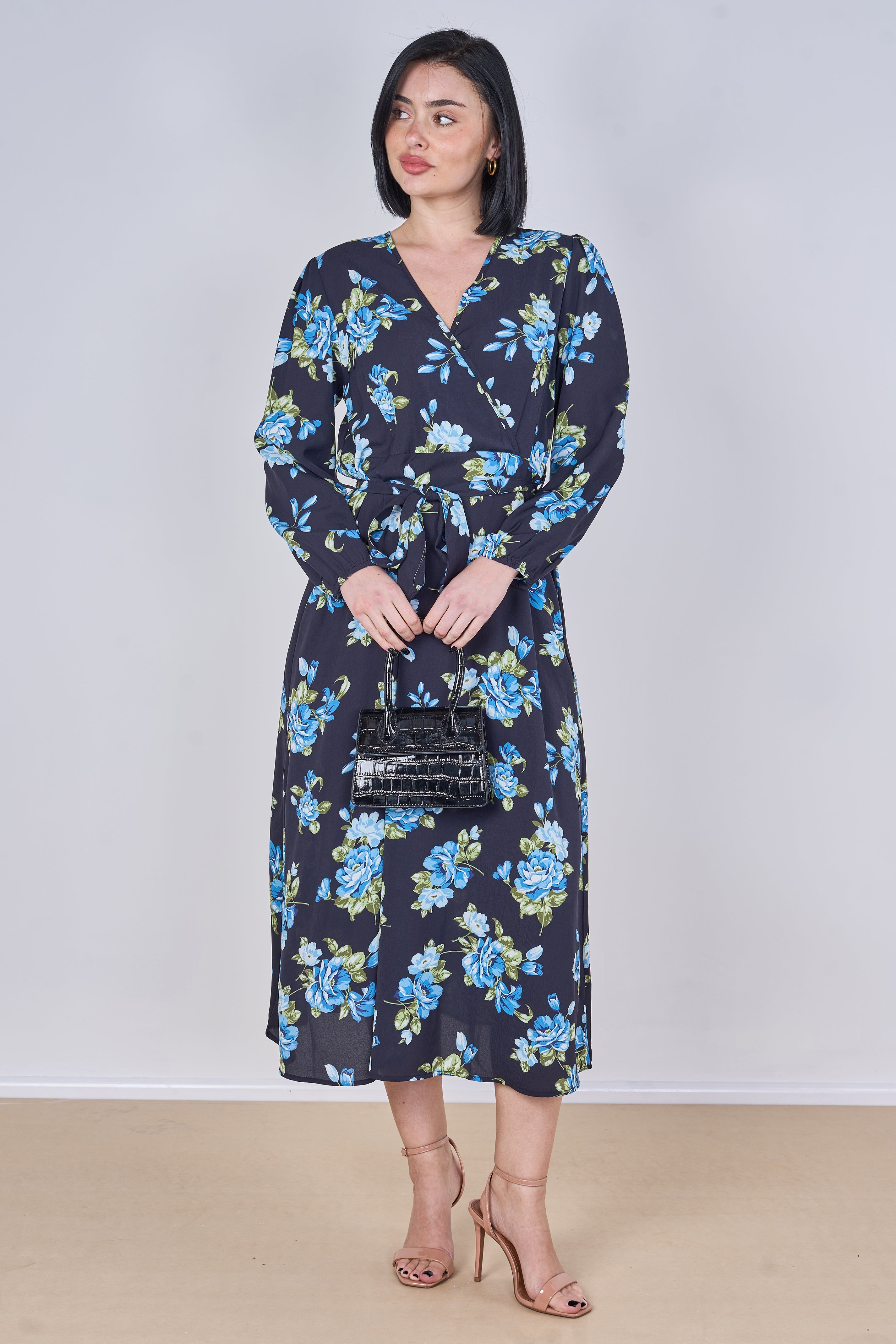 8Pcs Blue Rose Floral Print Belted Crossover Midi Dress