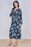 8Pcs Blue Rose Floral Print Belted Crossover Midi Dress