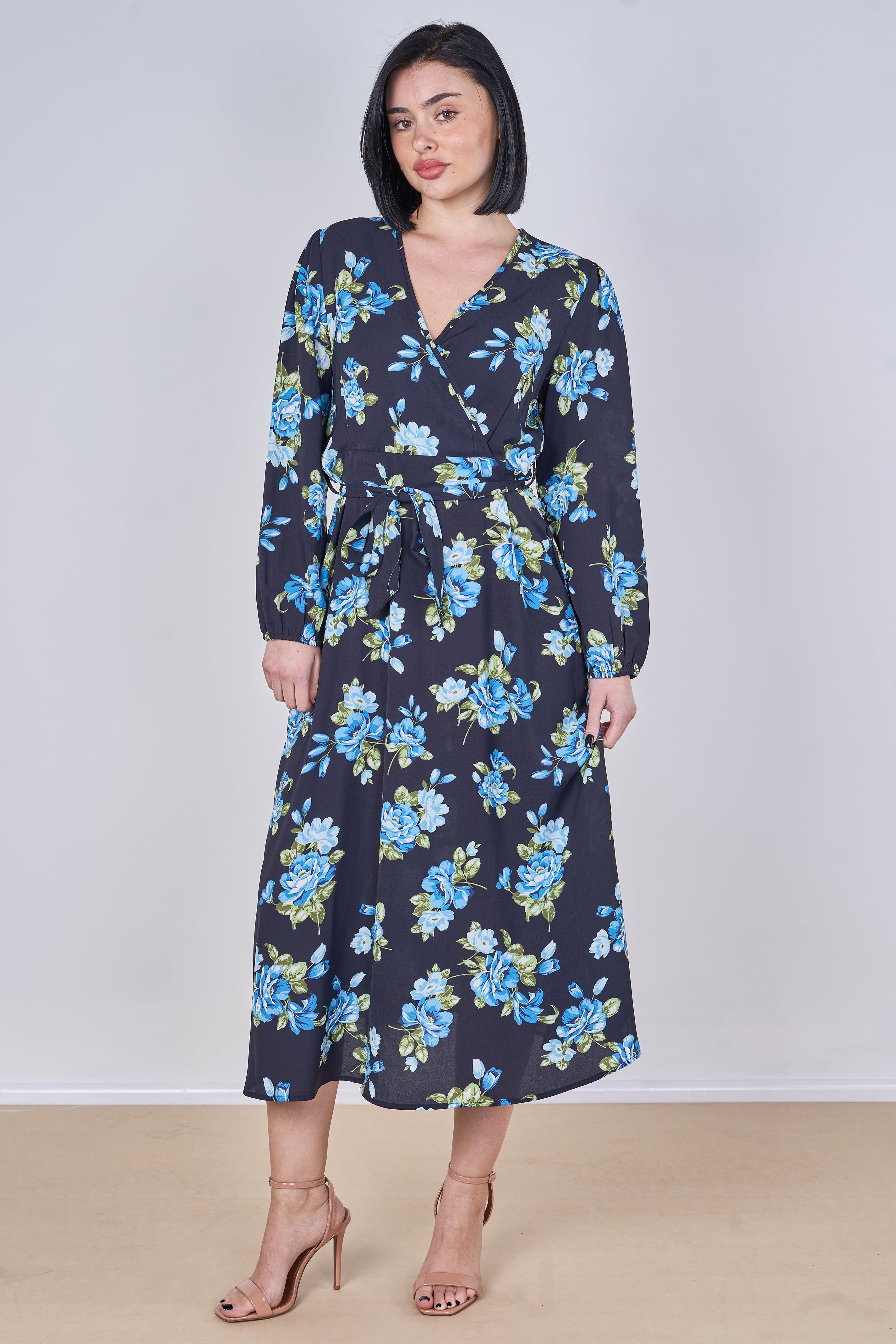 8Pcs Blue Rose Floral Print Belted Crossover Midi Dress