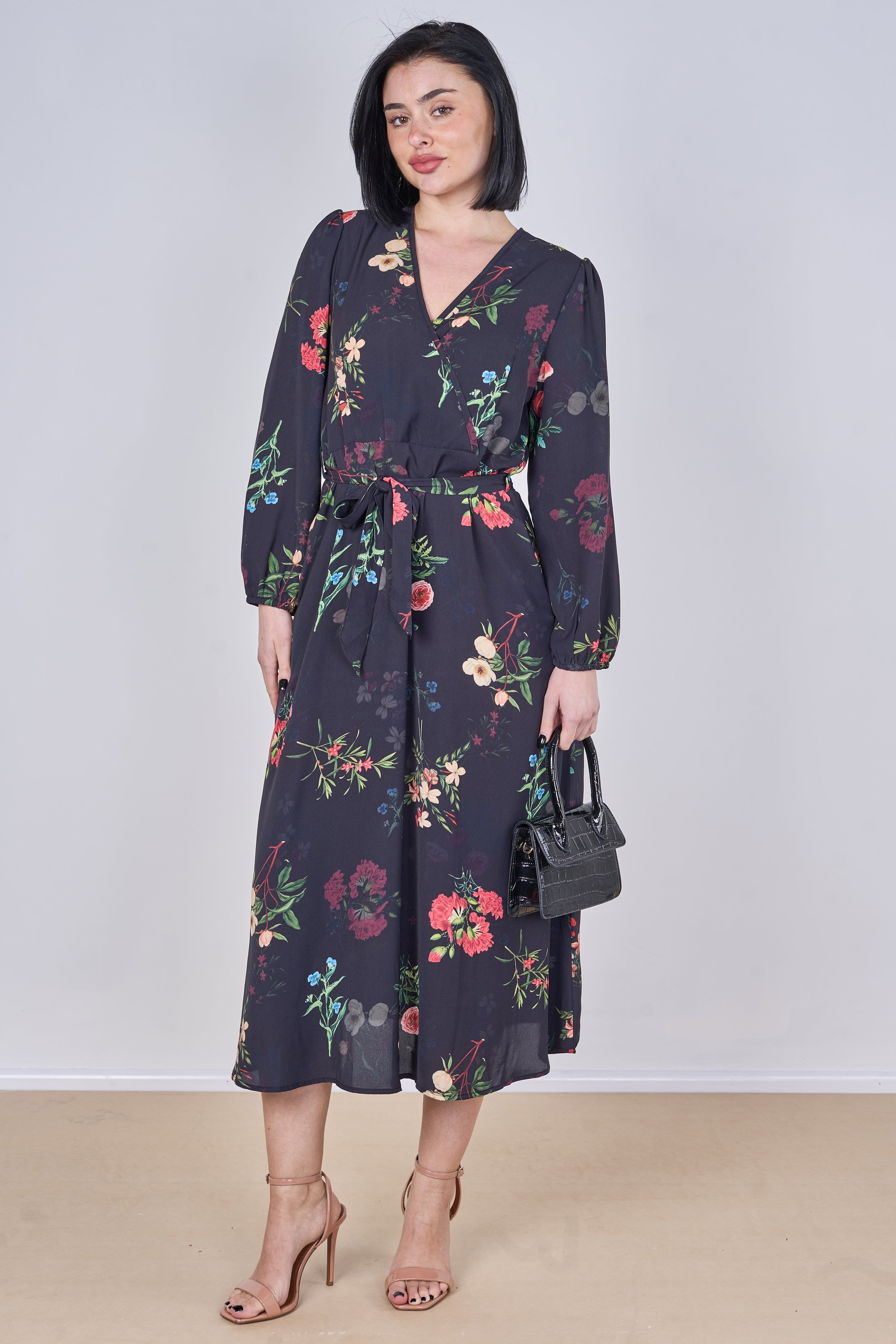 8Pcs Black Floral Print Belted Crossover Midi Dress