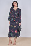 8Pcs Black Floral Print Belted Crossover Midi Dress