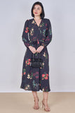 8Pcs Black Floral Print Belted Crossover Midi Dress
