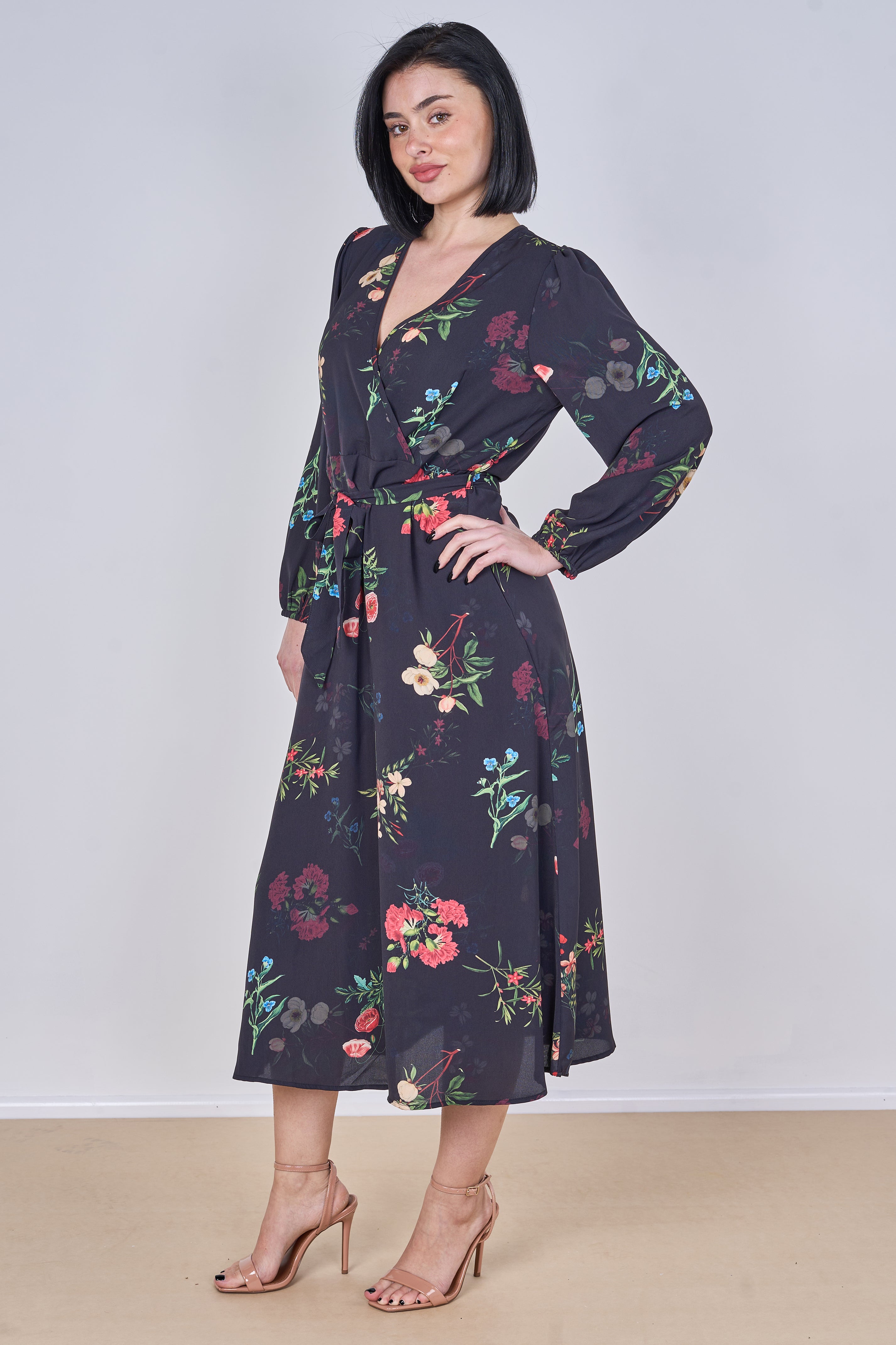 8Pcs Black Floral Print Belted Crossover Midi Dress