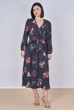 8Pcs Black Floral Print Belted Crossover Midi Dress