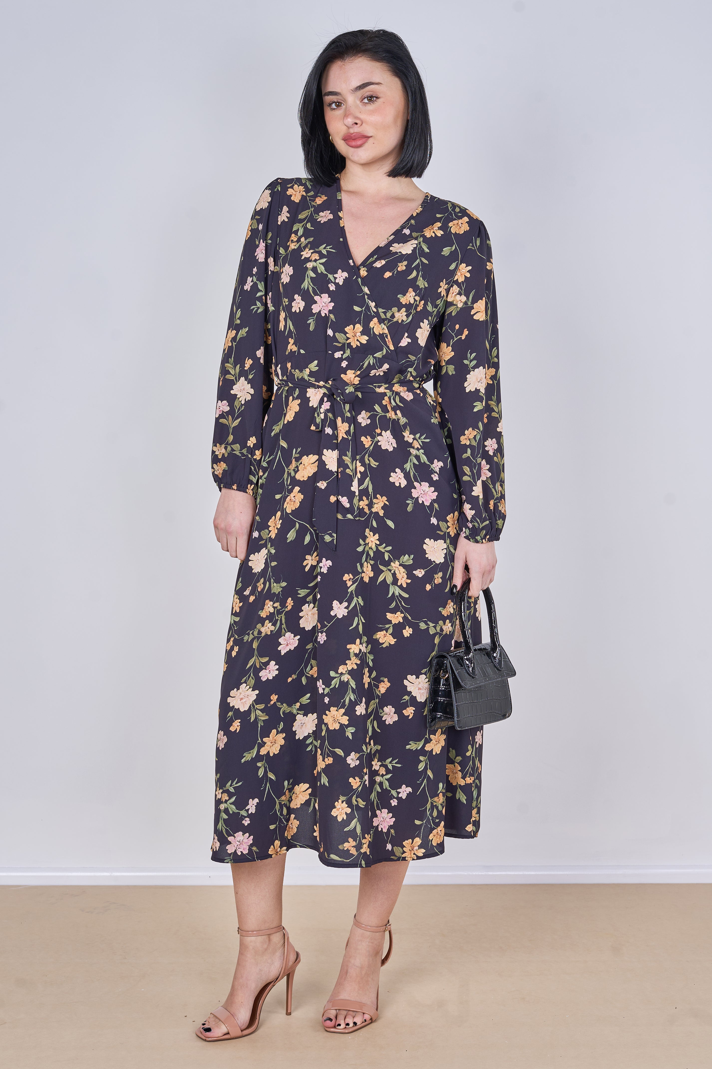 8Pcs Black Vintage Floral Belted Crossover Midi Dress