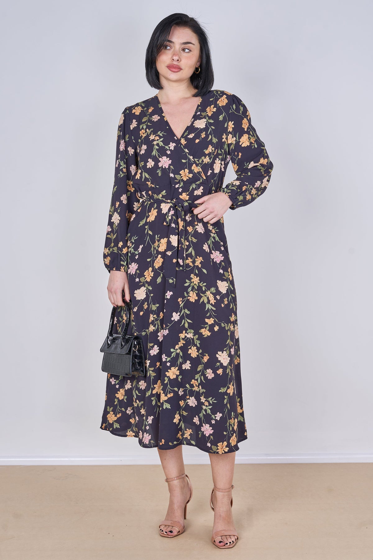 8Pcs Black Vintage Floral Belted Crossover Midi Dress
