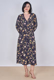 8Pcs Black Vintage Floral Belted Crossover Midi Dress