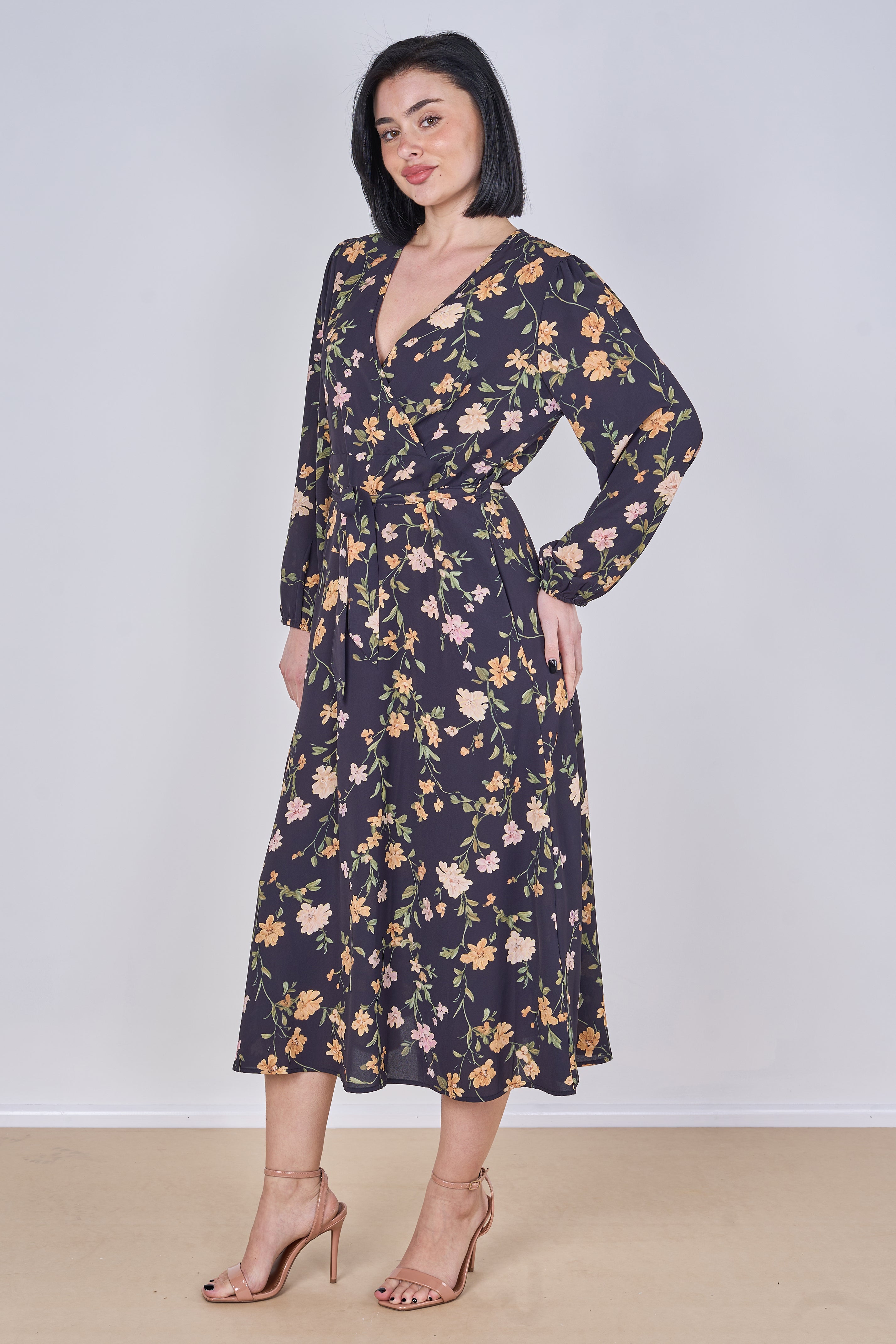 8Pcs Black Vintage Floral Belted Crossover Midi Dress
