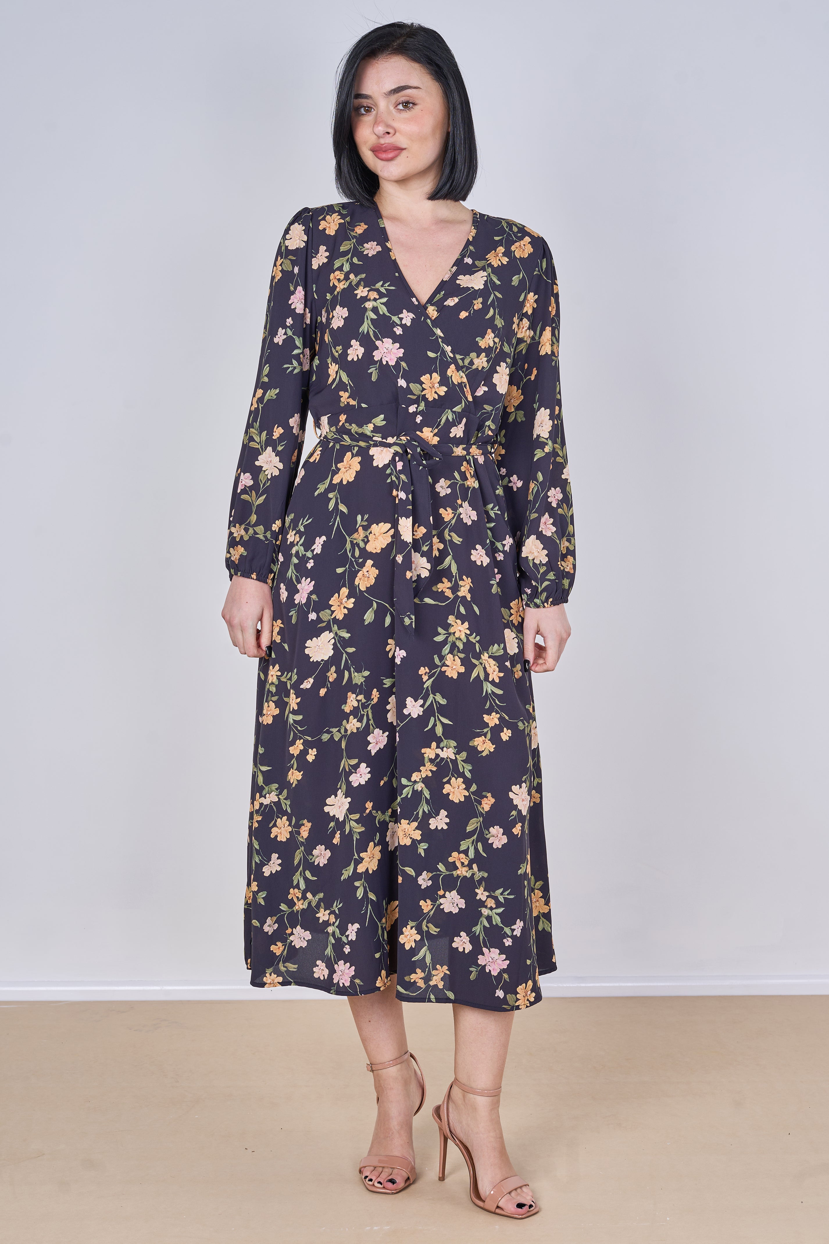 8Pcs Black Vintage Floral Belted Crossover Midi Dress