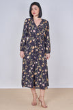 8Pcs Black Vintage Floral Belted Crossover Midi Dress