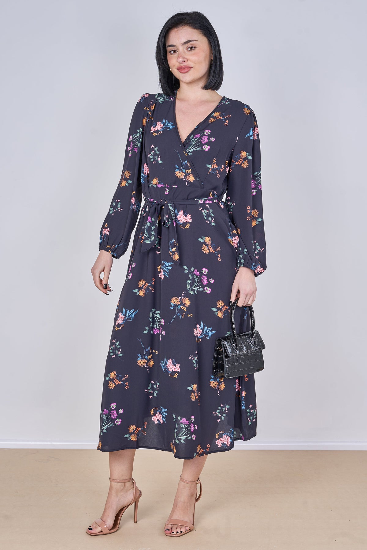 8Pcs Navy Floral Print Belted Crossover Midi Dress