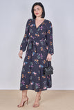 8Pcs Navy Floral Print Belted Crossover Midi Dress