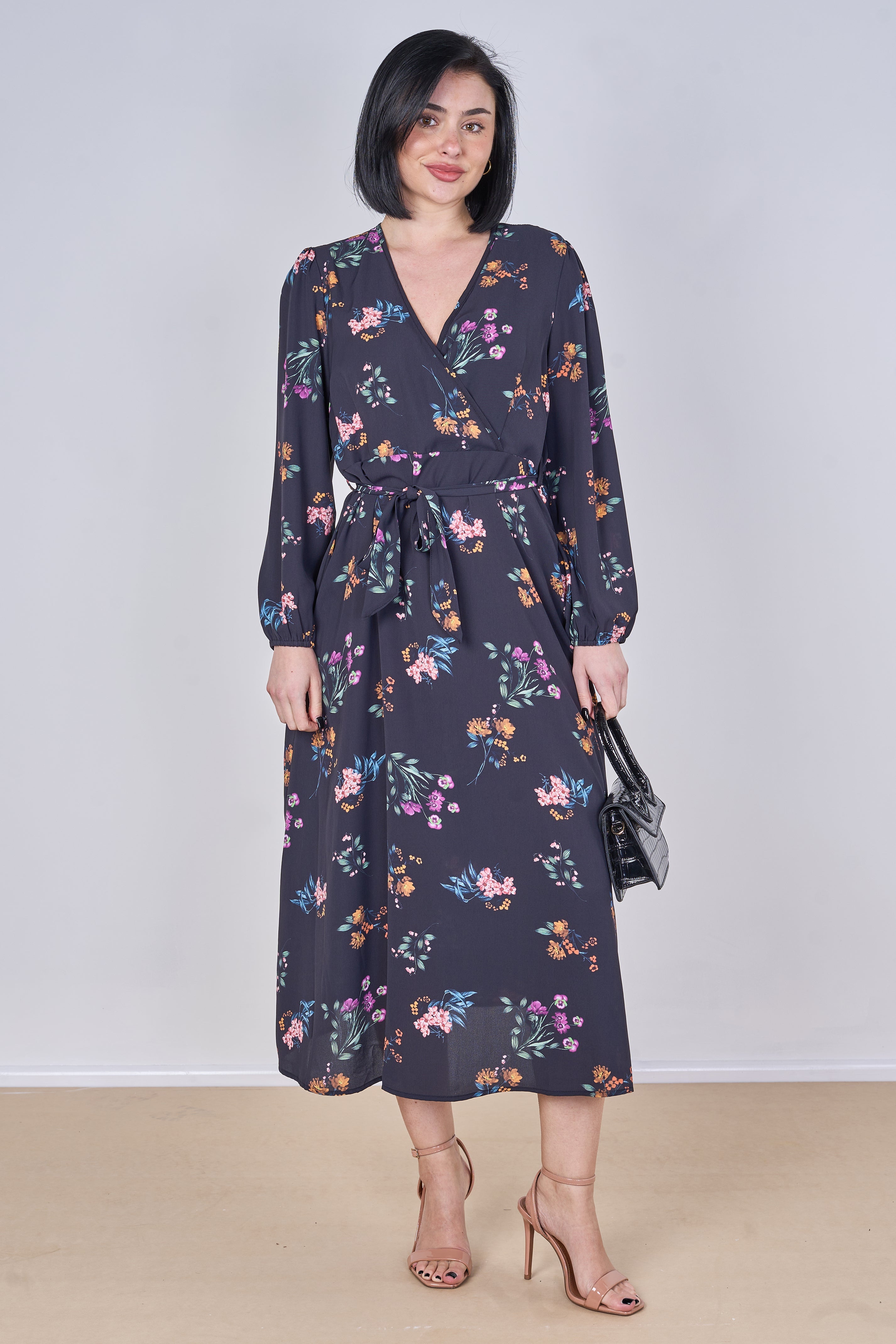 8Pcs Navy Floral Print Belted Crossover Midi Dress