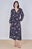 8Pcs Navy Floral Print Belted Crossover Midi Dress