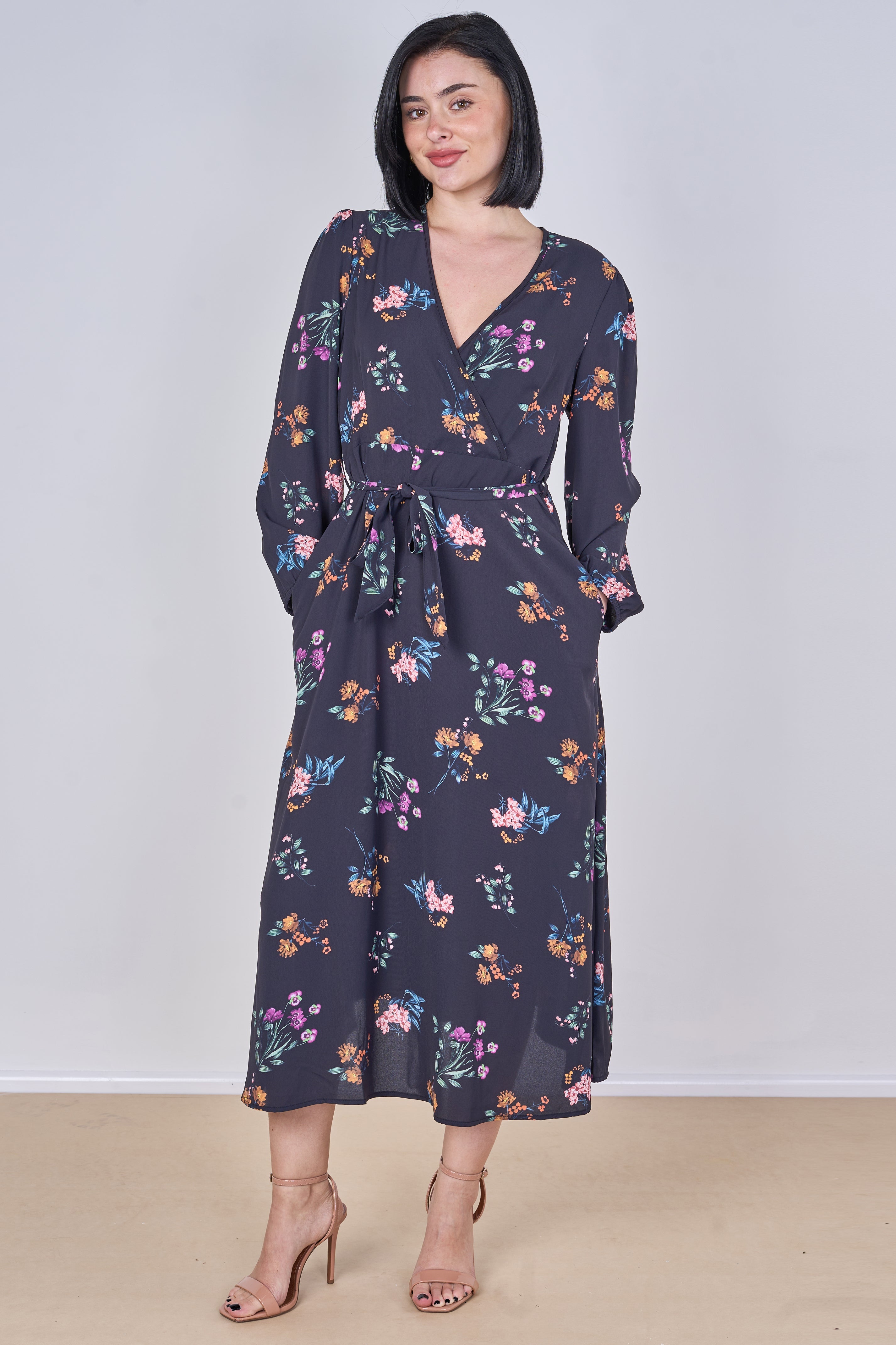 8Pcs Navy Floral Print Belted Crossover Midi Dress