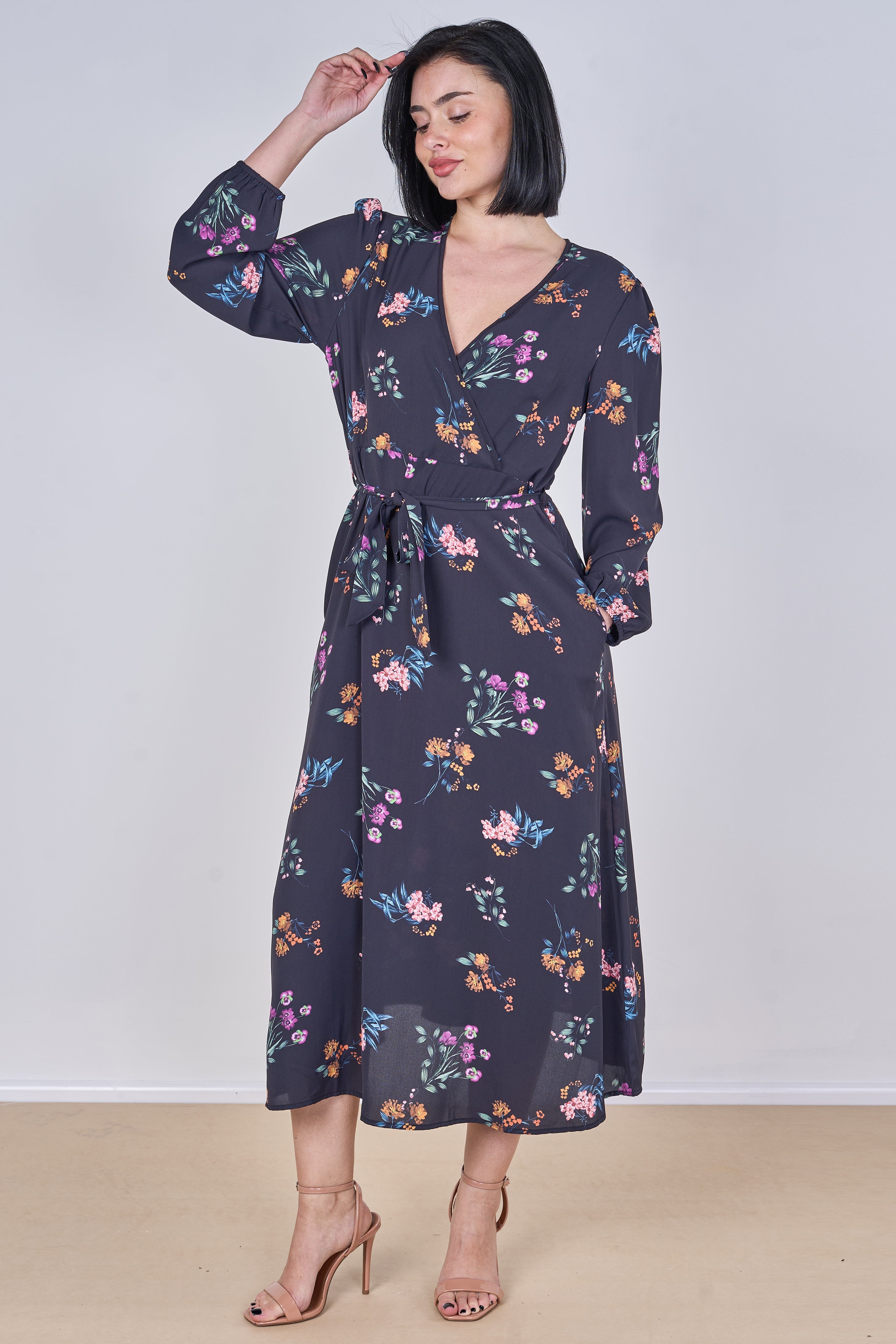 8Pcs Navy Floral Print Belted Crossover Midi Dress