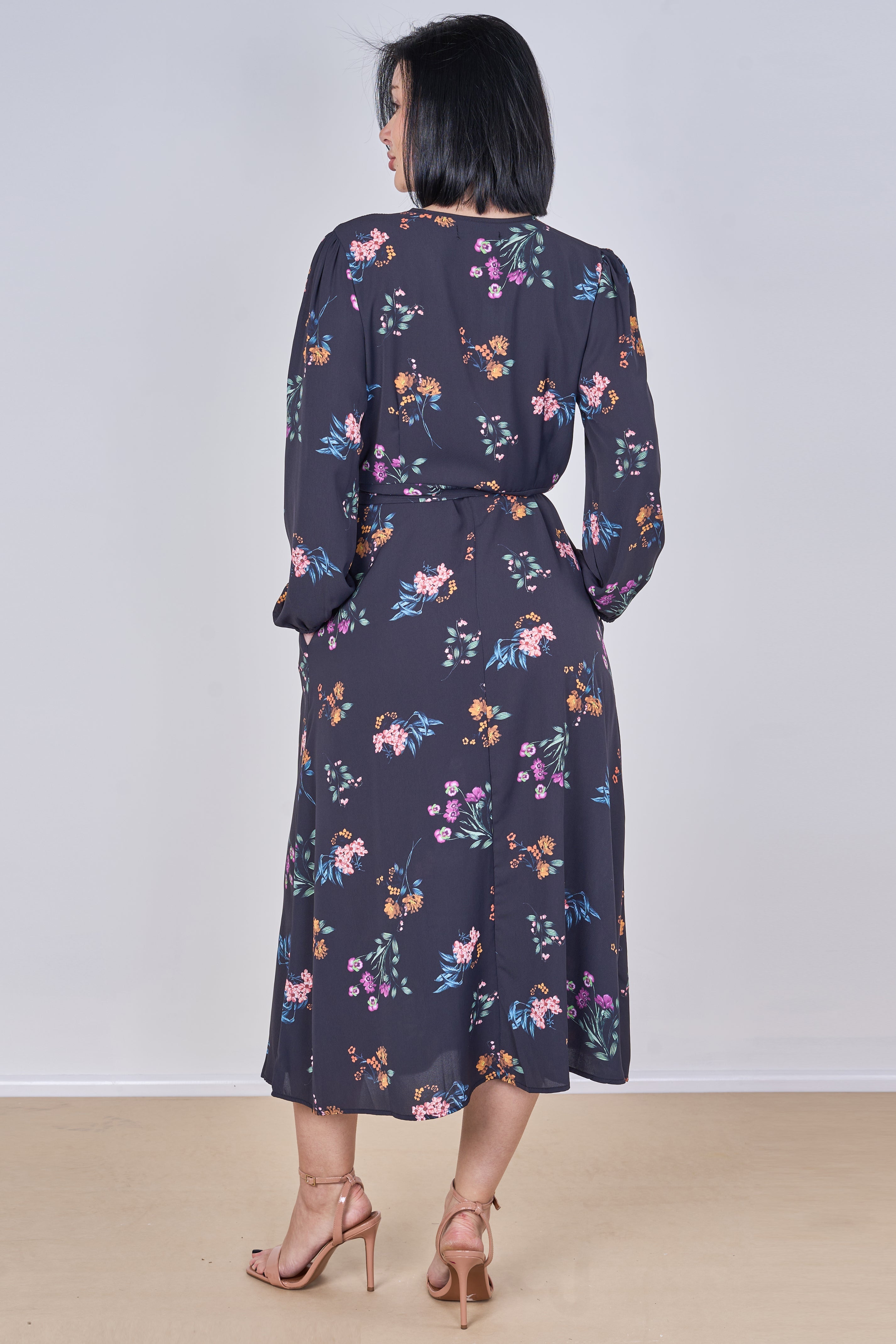 8Pcs Navy Floral Print Belted Crossover Midi Dress