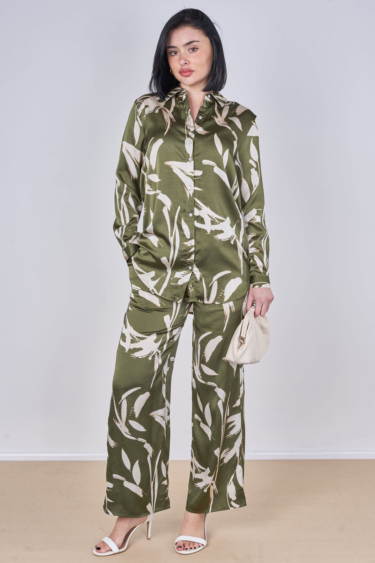 8Pcs Olive Abstract Leaf Print Co-Ord Set