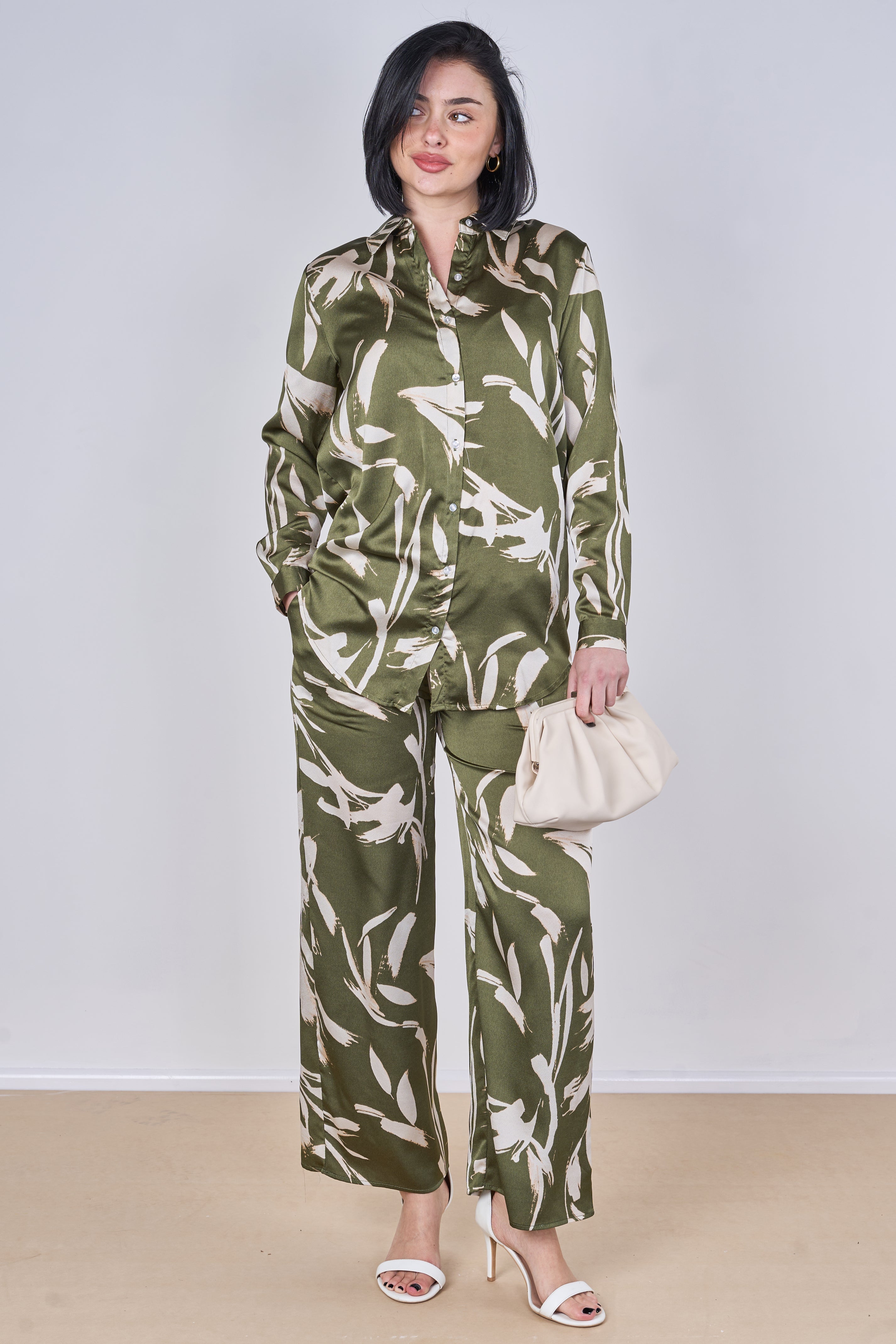 8Pcs Olive Abstract Leaf Print Co-Ord Set