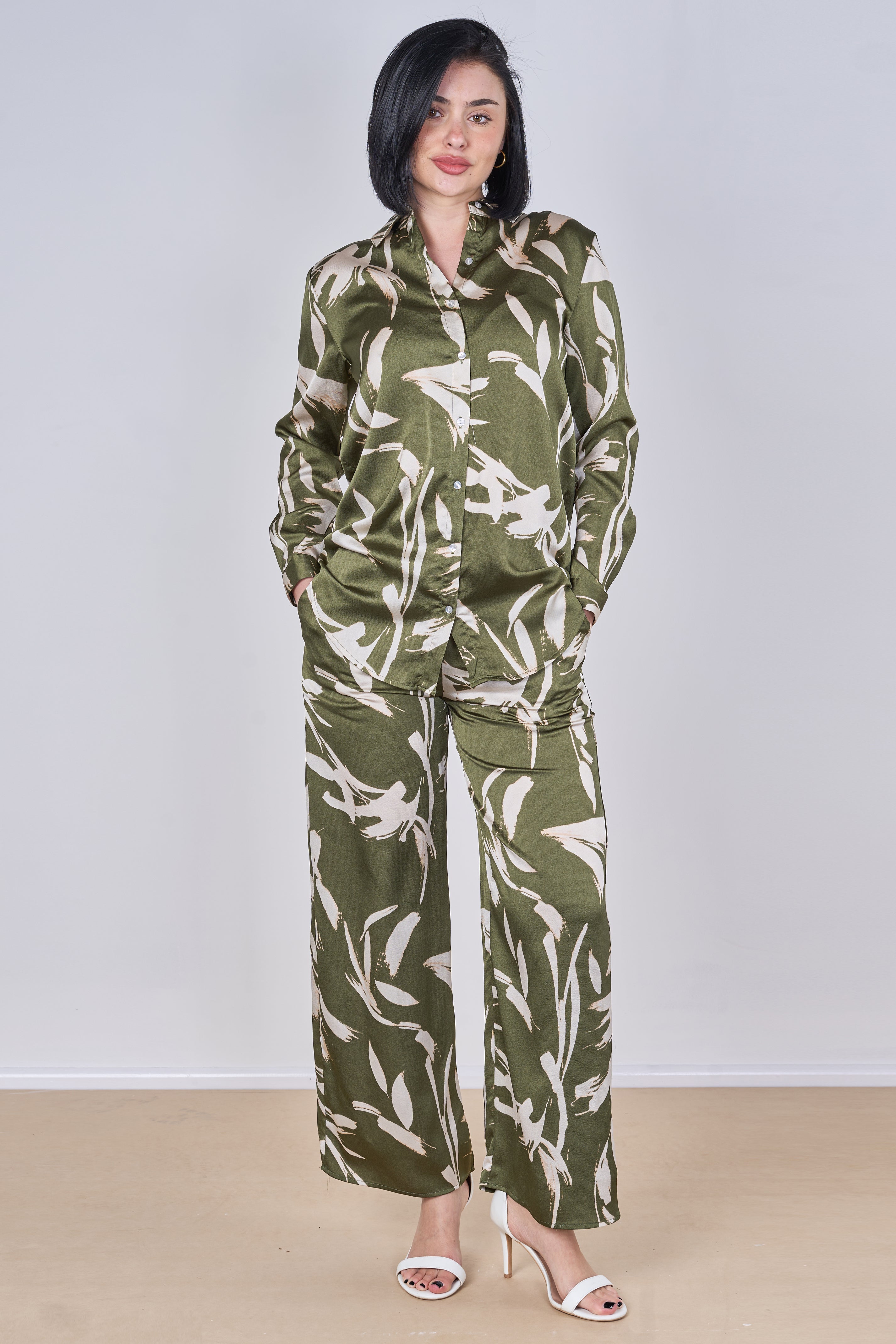 8Pcs Olive Abstract Leaf Print Co-Ord Set