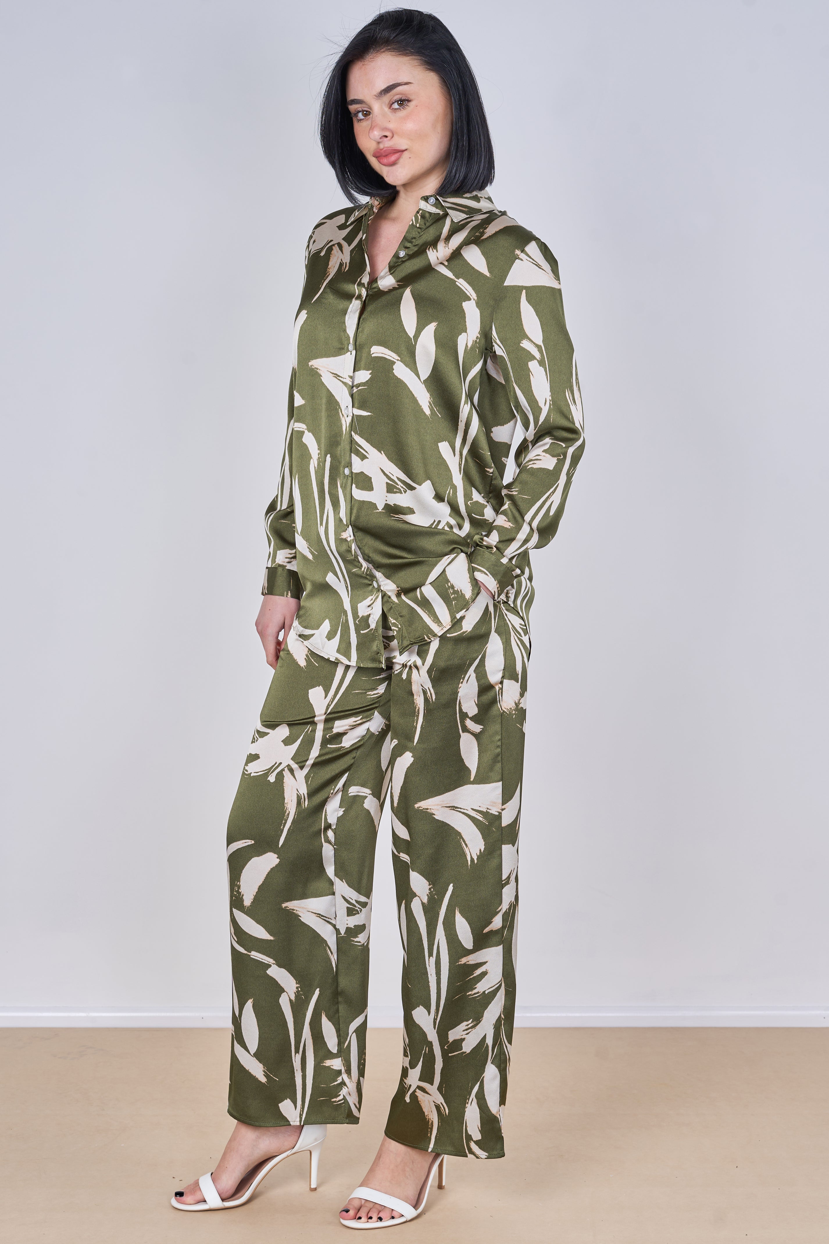 8Pcs Olive Abstract Leaf Print Co-Ord Set