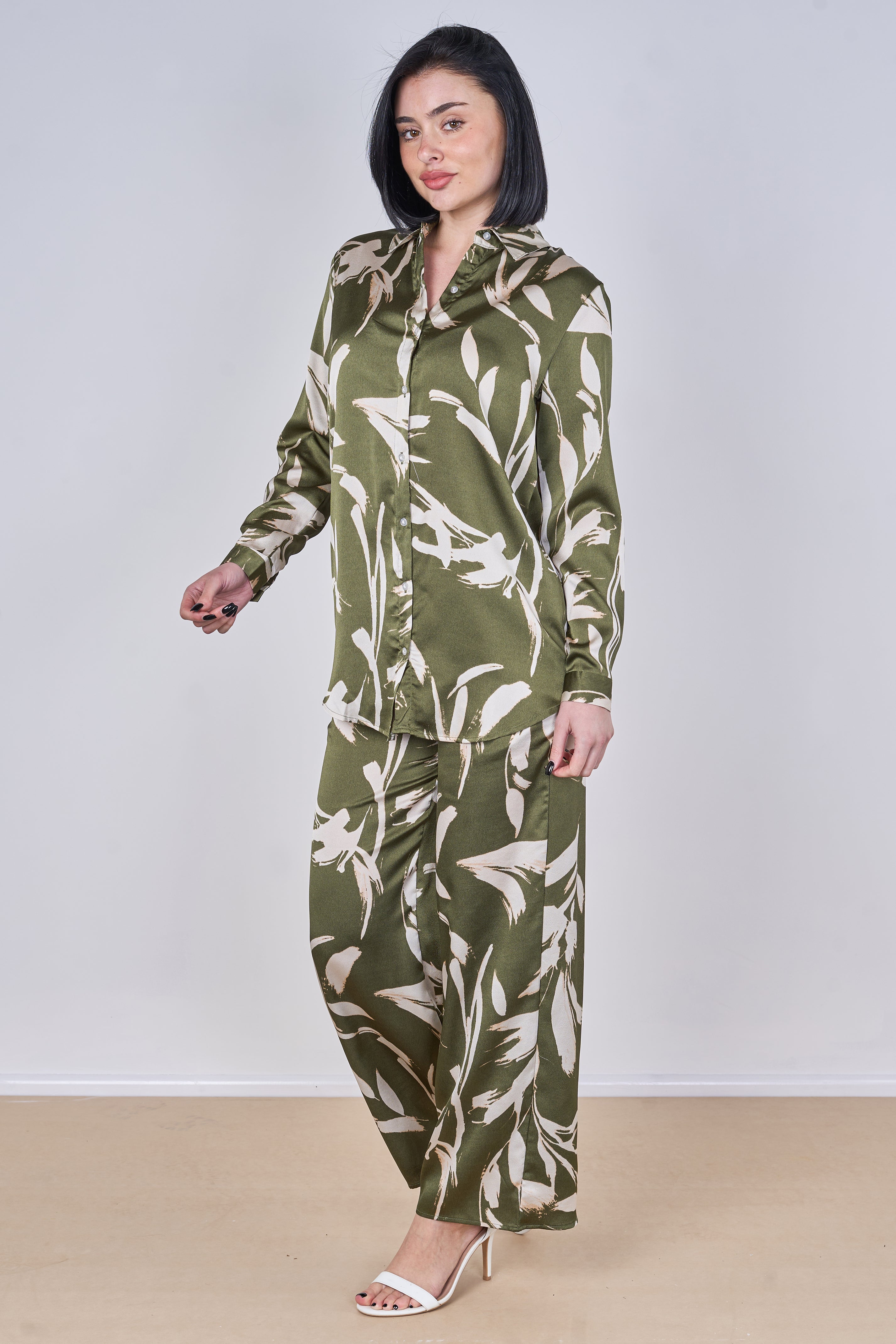 8Pcs Olive Abstract Leaf Print Co-Ord Set