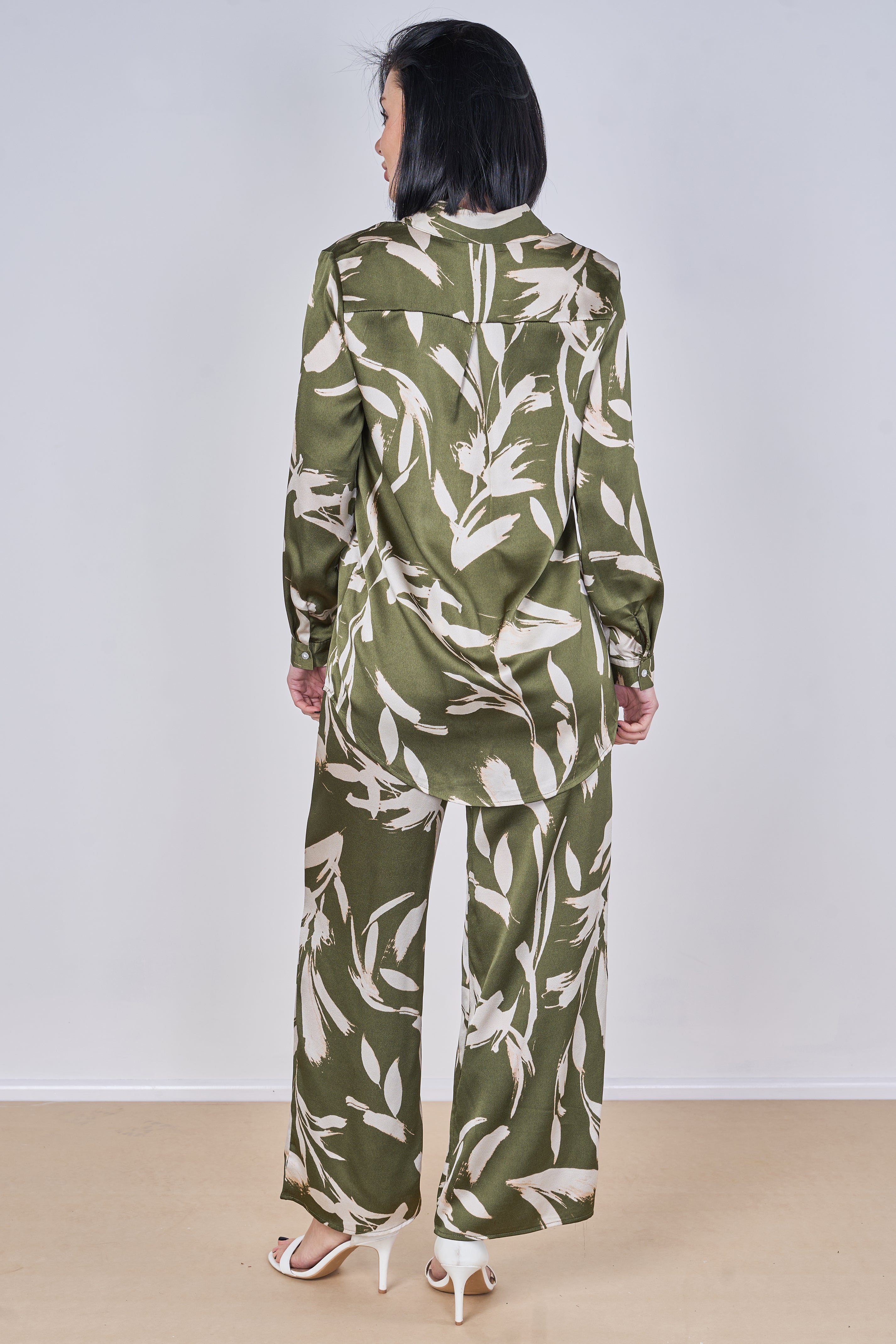 8Pcs Olive Abstract Leaf Print Co-Ord Set
