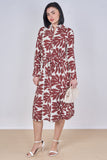 8Pcs Coral Leaf Print Belted Midi Shirt Dress