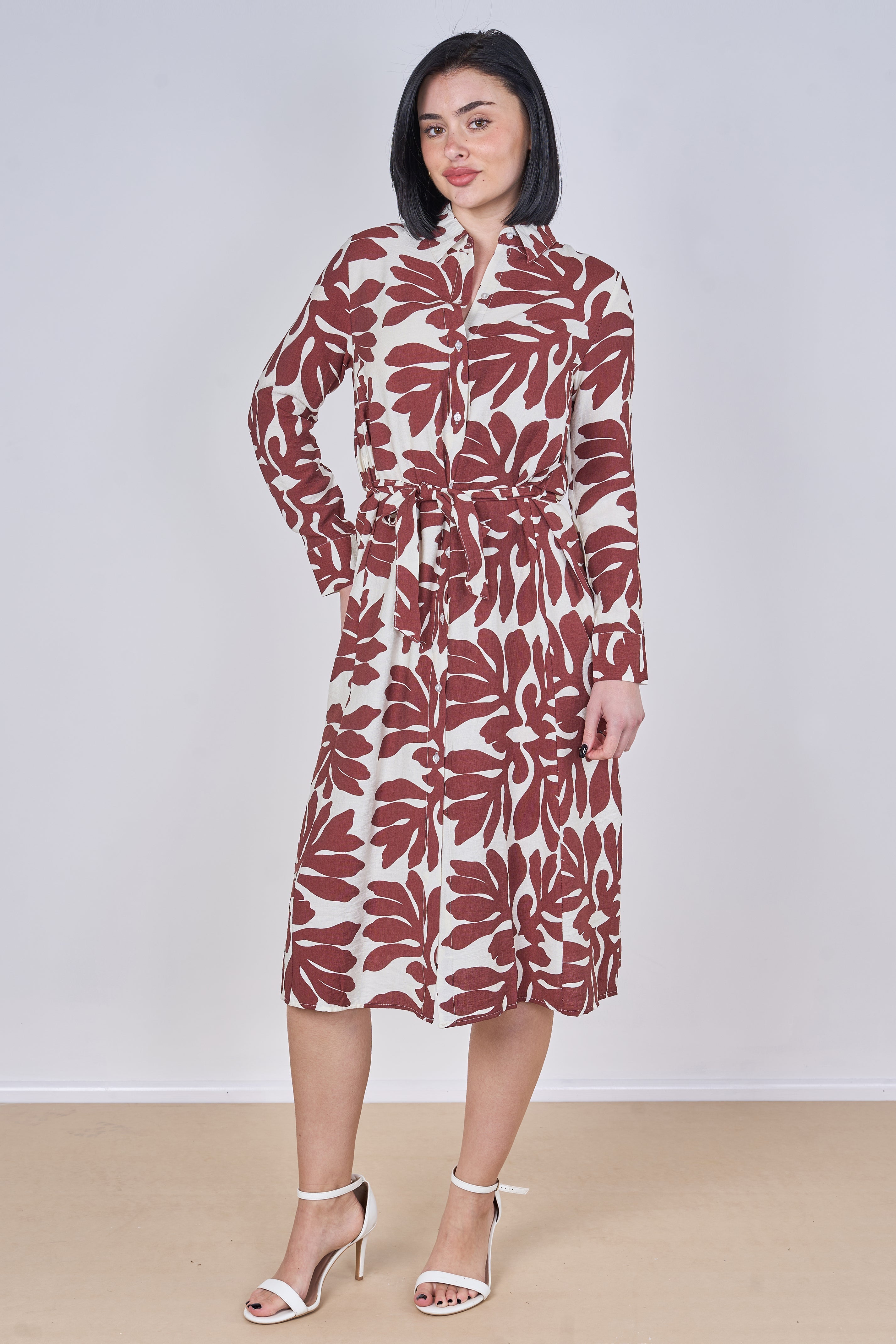 8Pcs Coral Leaf Print Belted Midi Shirt Dress